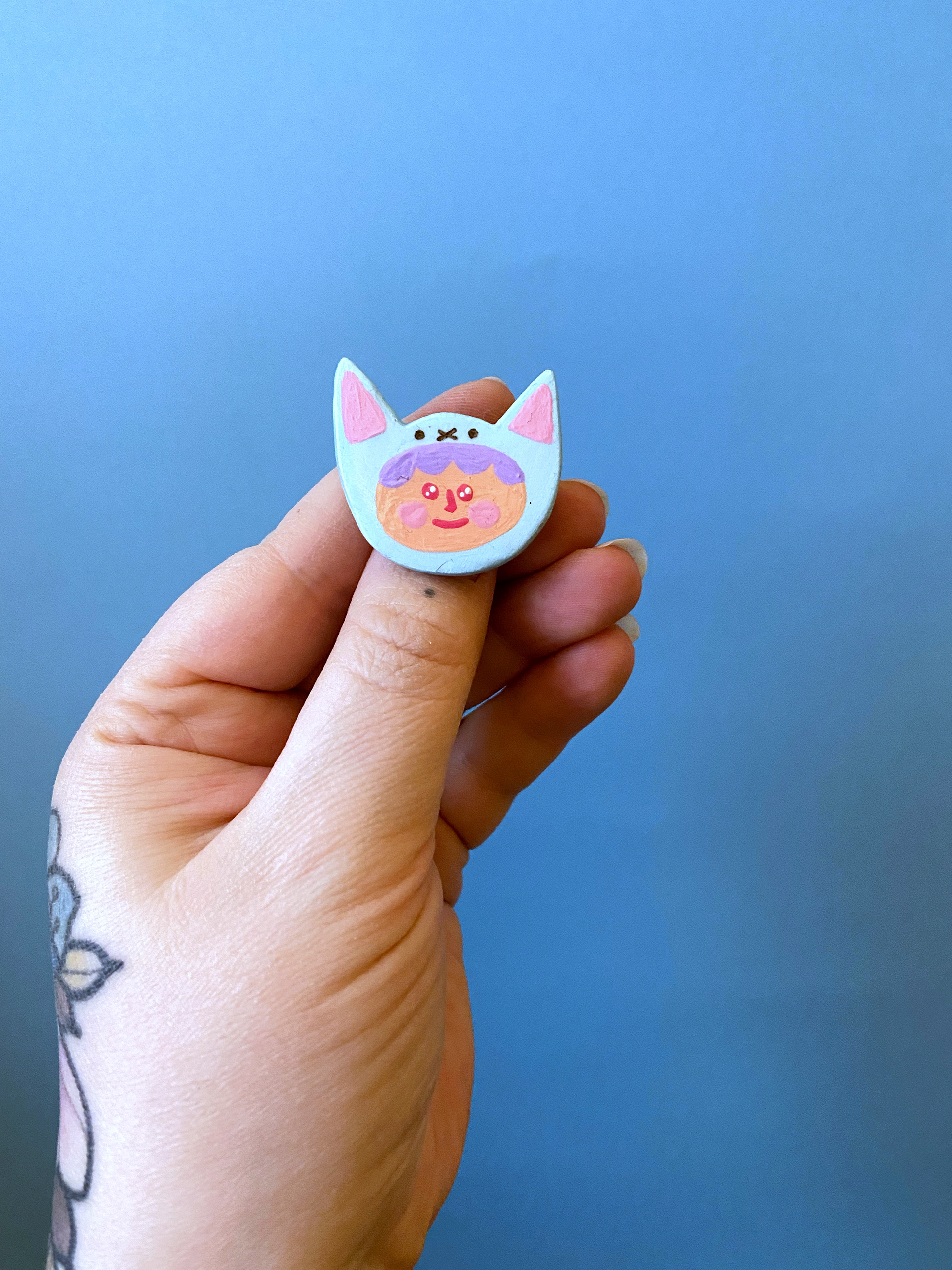 Kitty Hood Pin 3, Polymer Clay painted with Gouache and Posca 2021