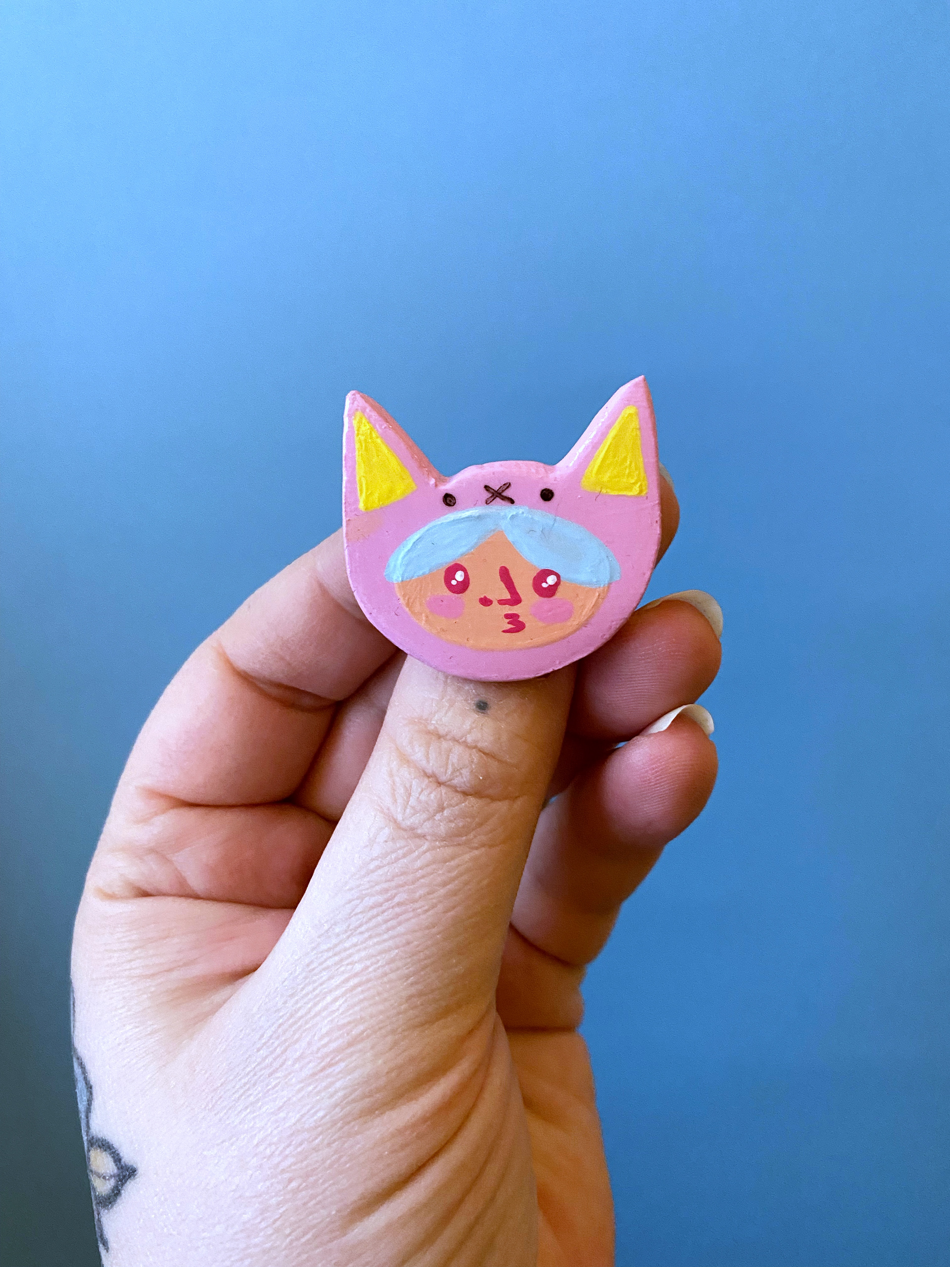 Kitty Hood Pin 2, Polymer Clay painted with Gouache and Posca 2021