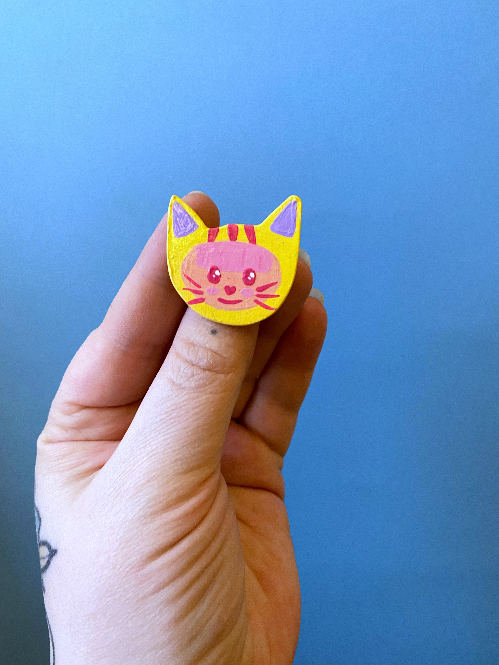 Kitty Hood Pin 1, Polymer Clay painted with Gouache and Posca 2021