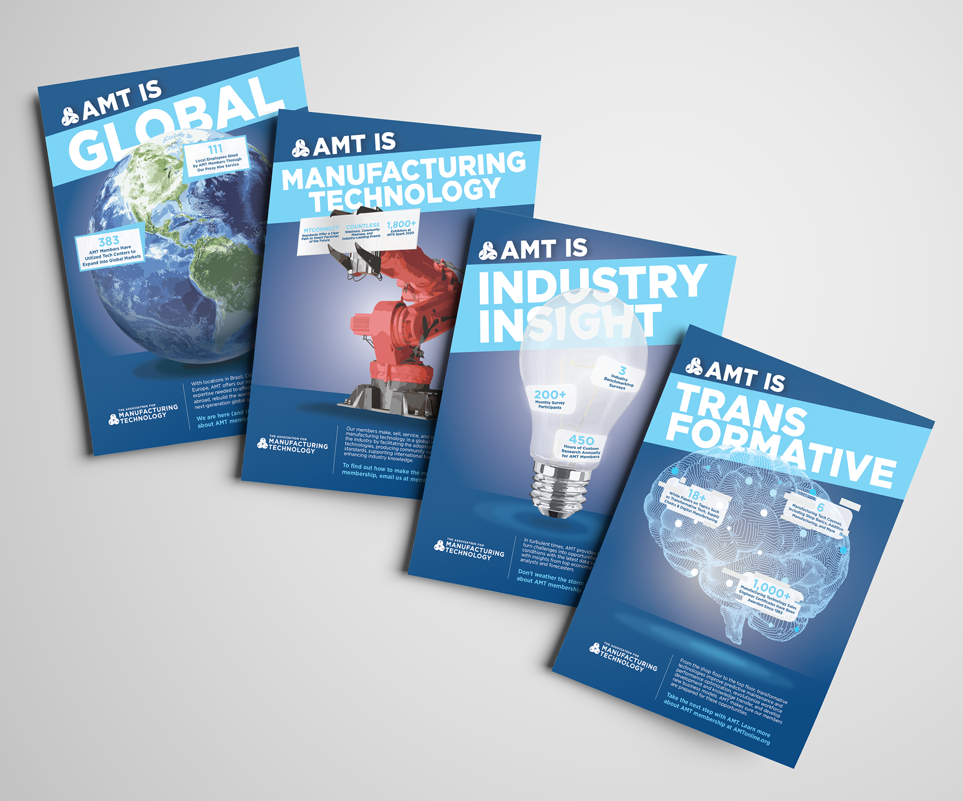 The 'AMT IS...' ad campaign was created with the launch of the new brand and logo. These ads showed what AMT is an industry knowledge leader for manufacturing.