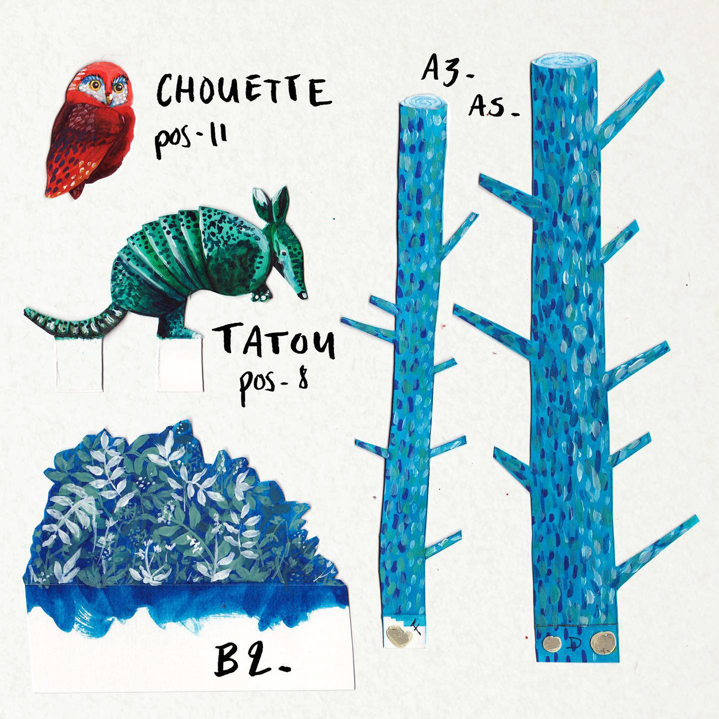 Dans la forêt, éléments, gouache, 2018