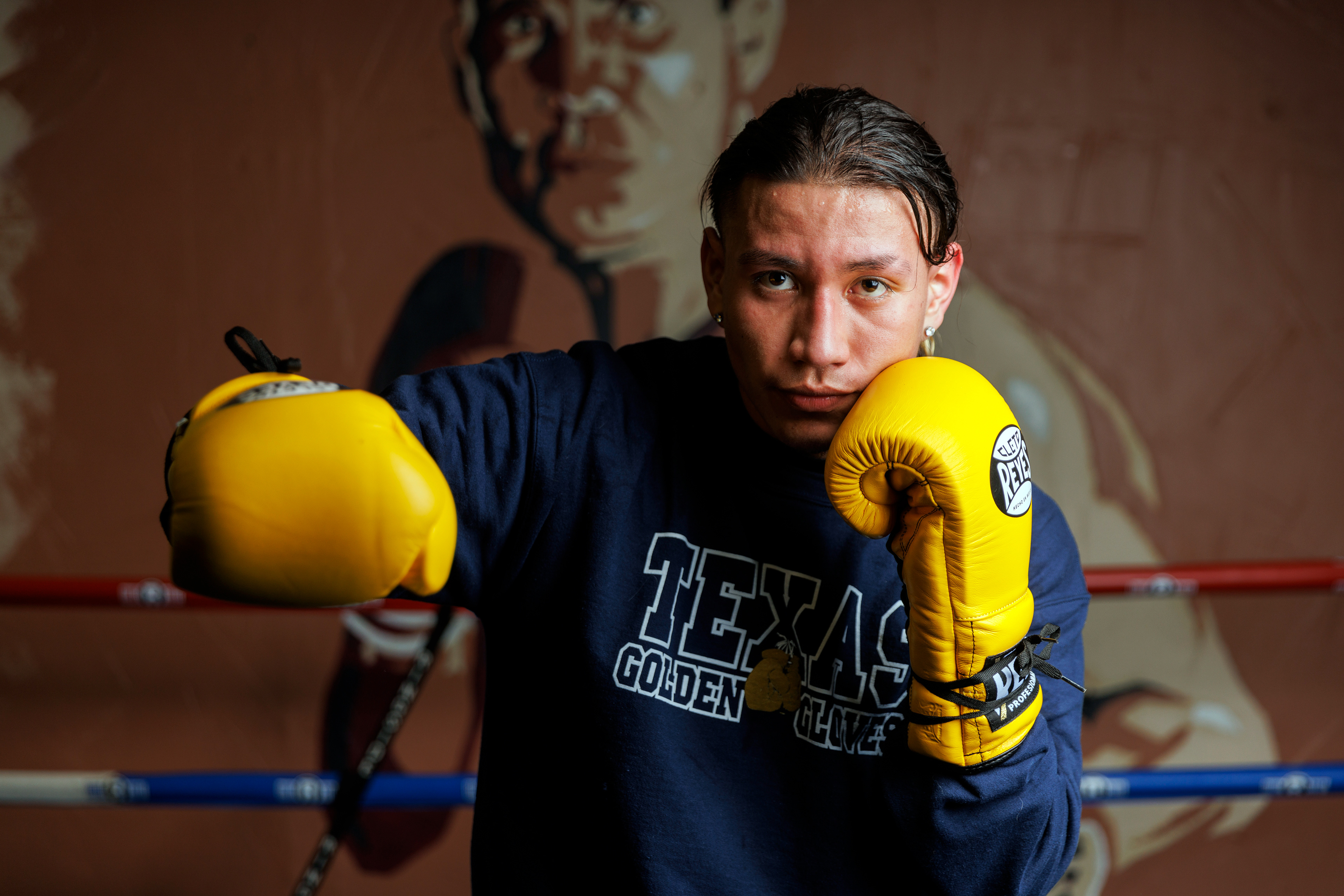 Steven Gomez pictured at Jimenez Old School Boxing Gym on Thursday, March 16, 2023 in Denton, Texas. Gomez, who weighed 300 pounds at 18, started boxing after being bullied for his weight and to help with his depression.