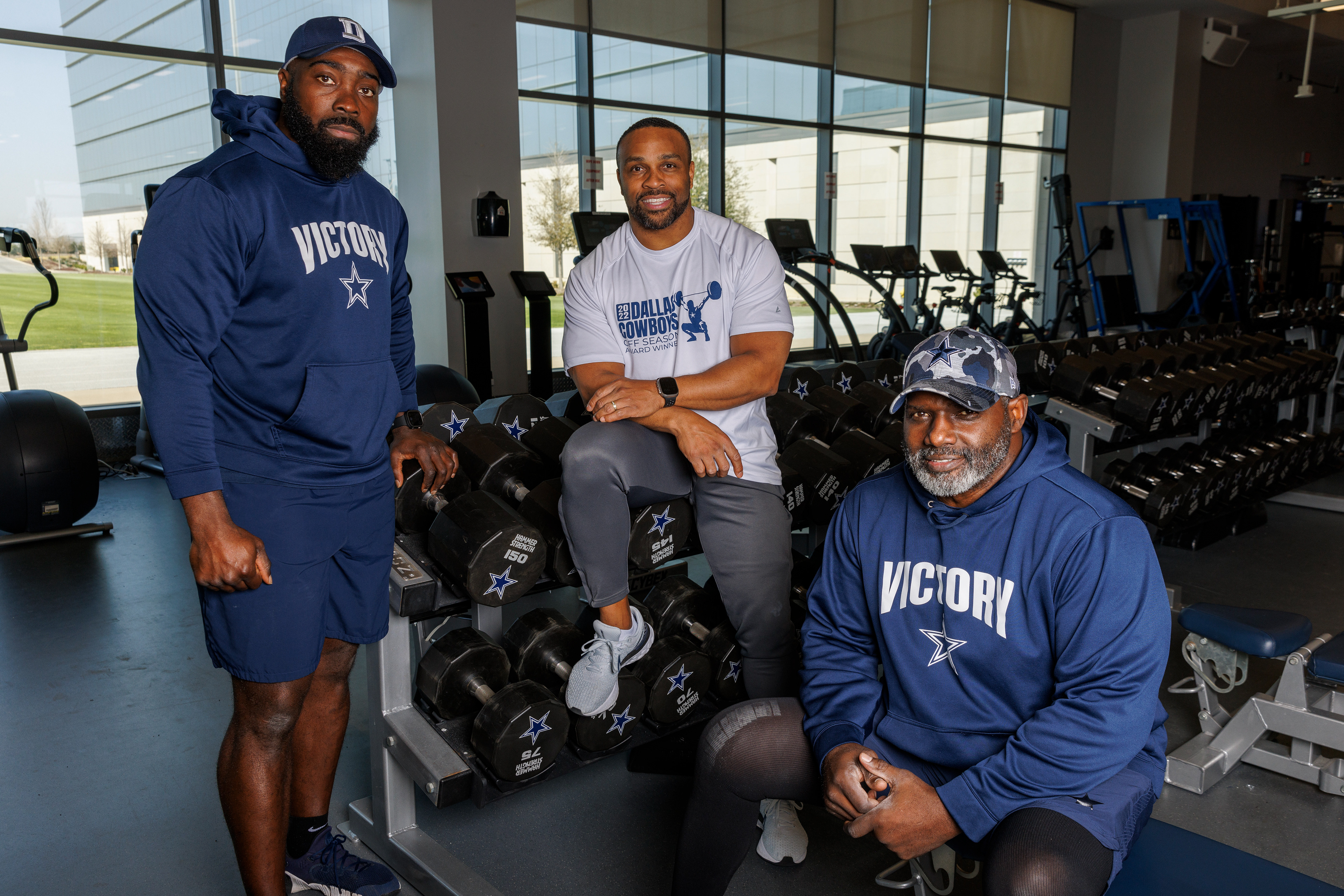 Dallas Cowboys assistant strength and conditioning coach Kendall Smith (left), strength and conditioning coordinator Harold Nash Jr. (center), and assistant strength and conditioning coach Cedric Smith pictured at The Star in Frisco, Texas, Monday, Feb. 27, 2023. The Cowboys have the only all-Black strength and conditioning staff in the NFL.