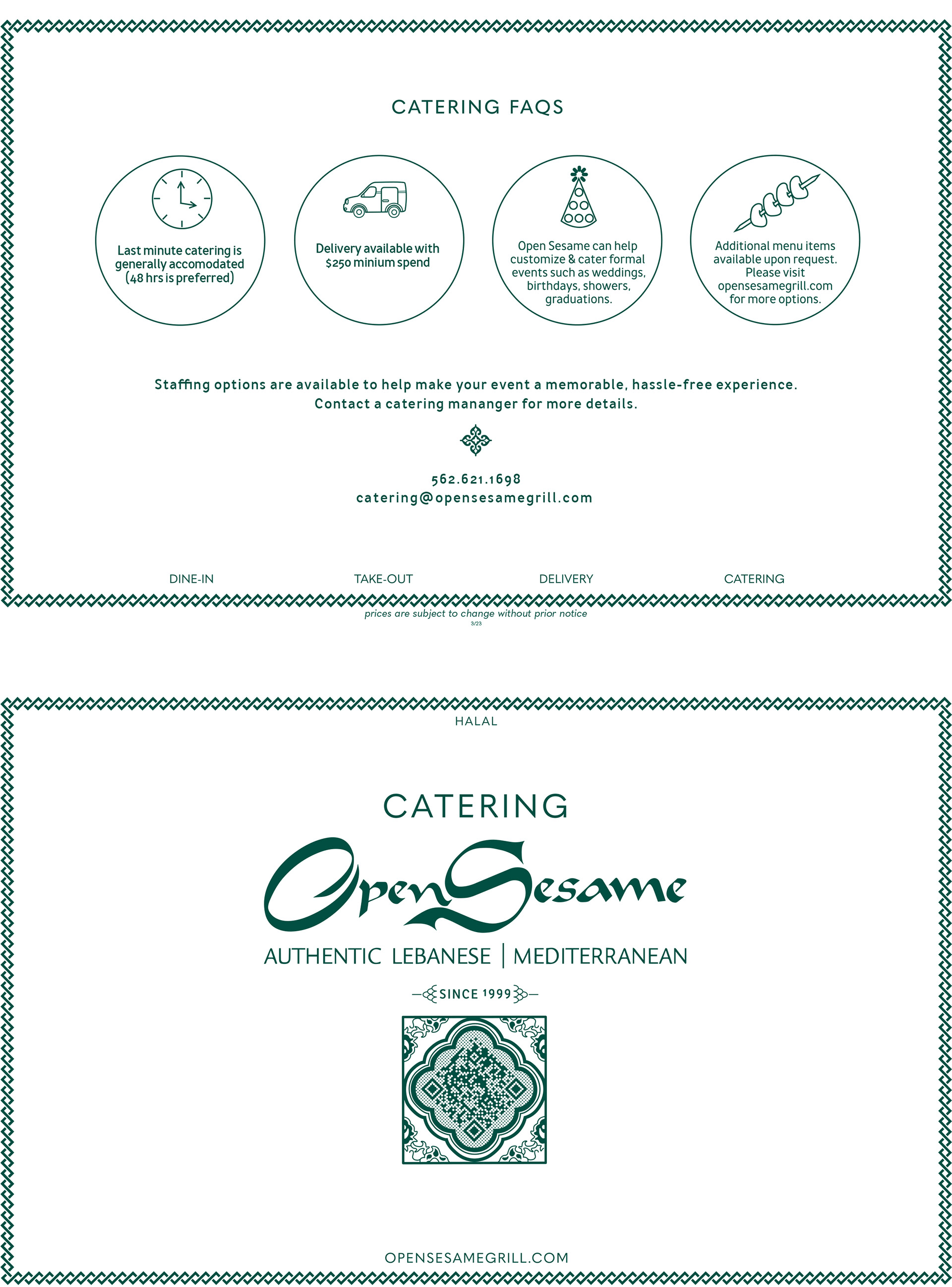 open sesame take out menu, with QR code, illustration of clock, van, party hat and kabob.