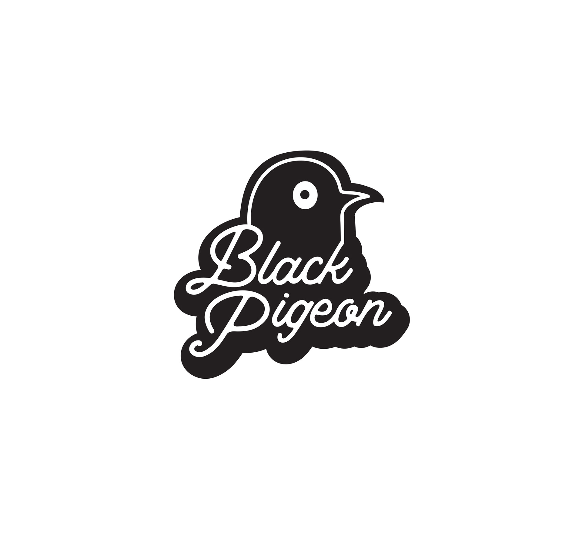 the word black pigeon and head of a illustrated pigeon.