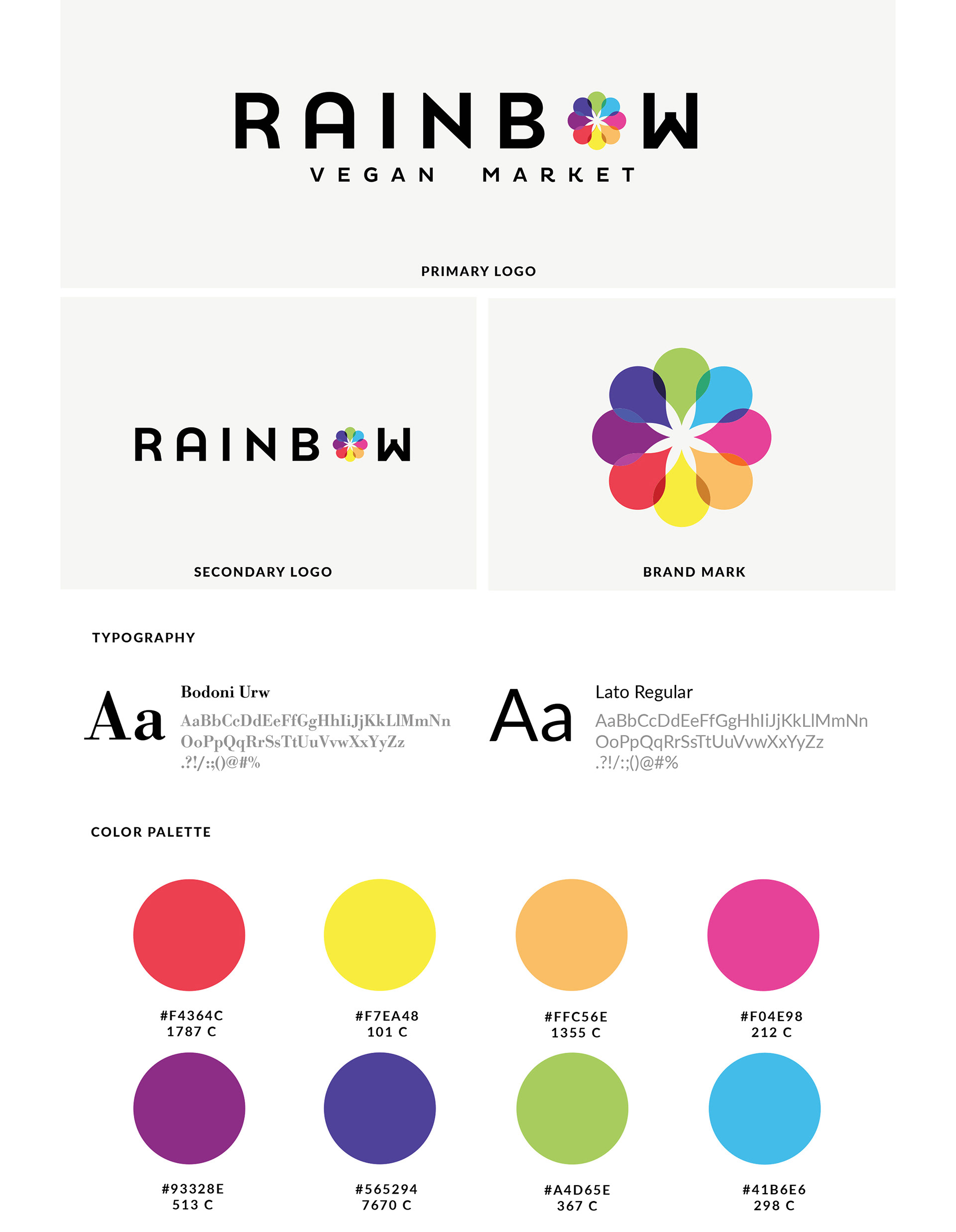 brand spec sheet for rainbow foods with rainbow vegan market logo and symbol.