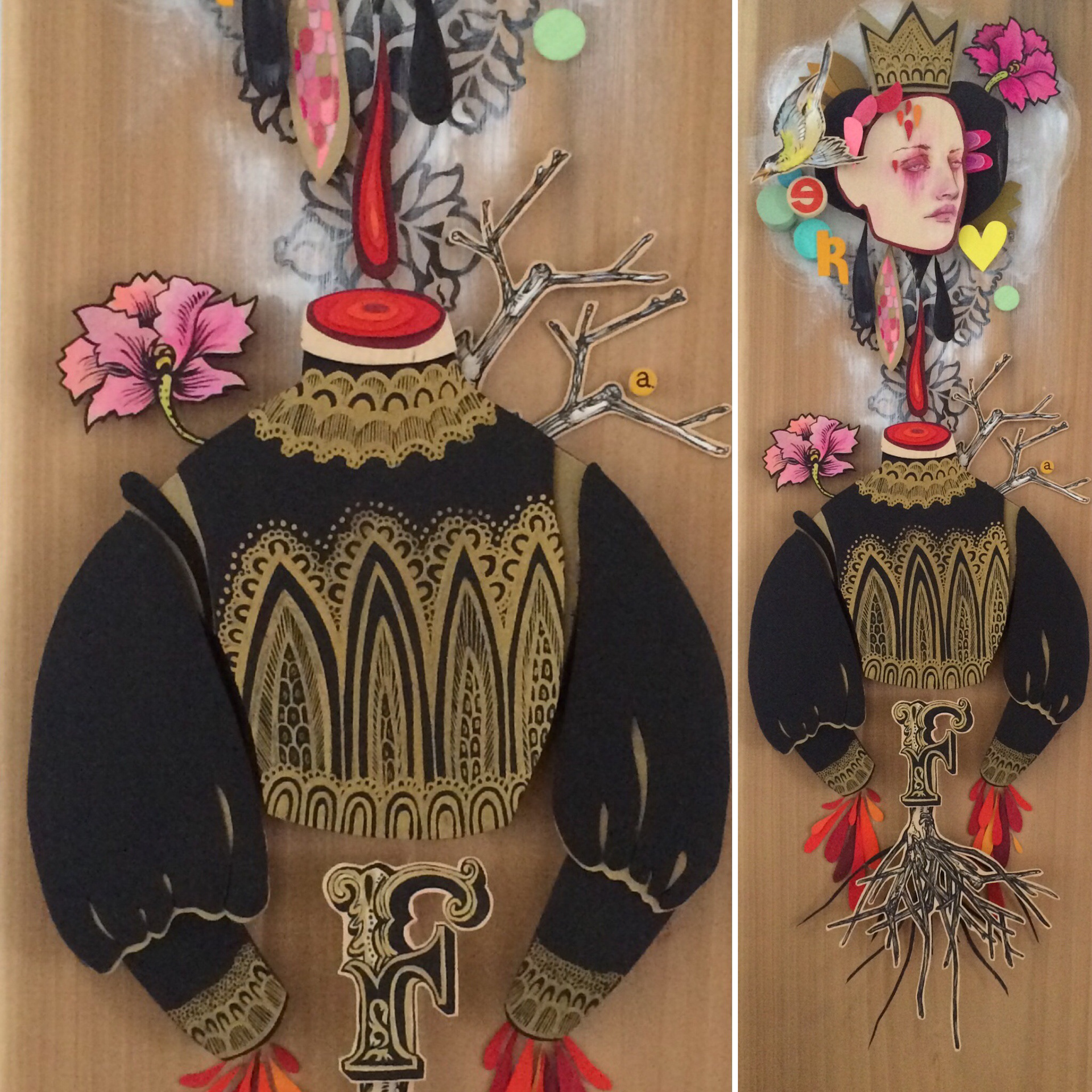 Hand cut wood pieces of women in separated body. She is wearing a crown surround by shapes, flowers and a bird.