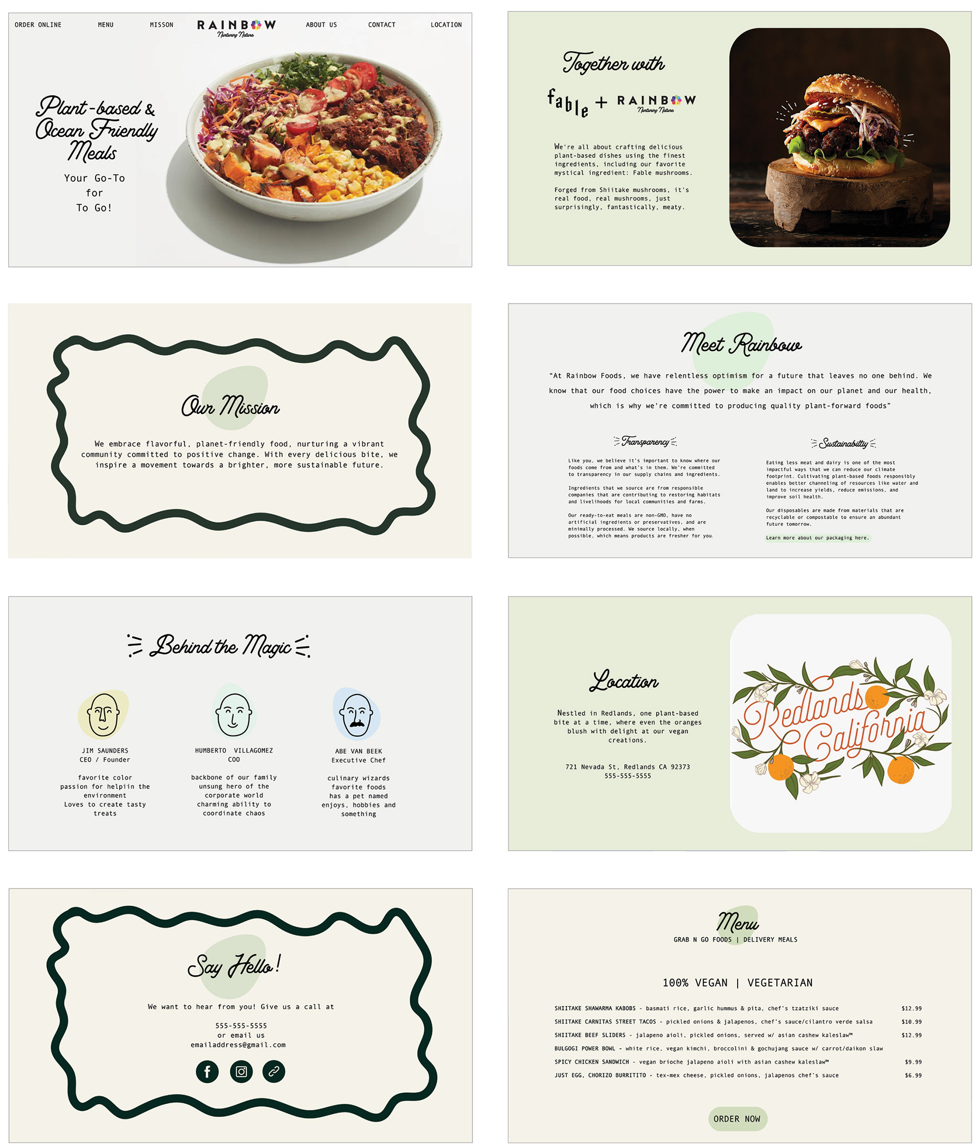 website mock up for rainbow market with illustrations, a hamburger image, a food bowl with tomato, butternut squash, greens and dressing.