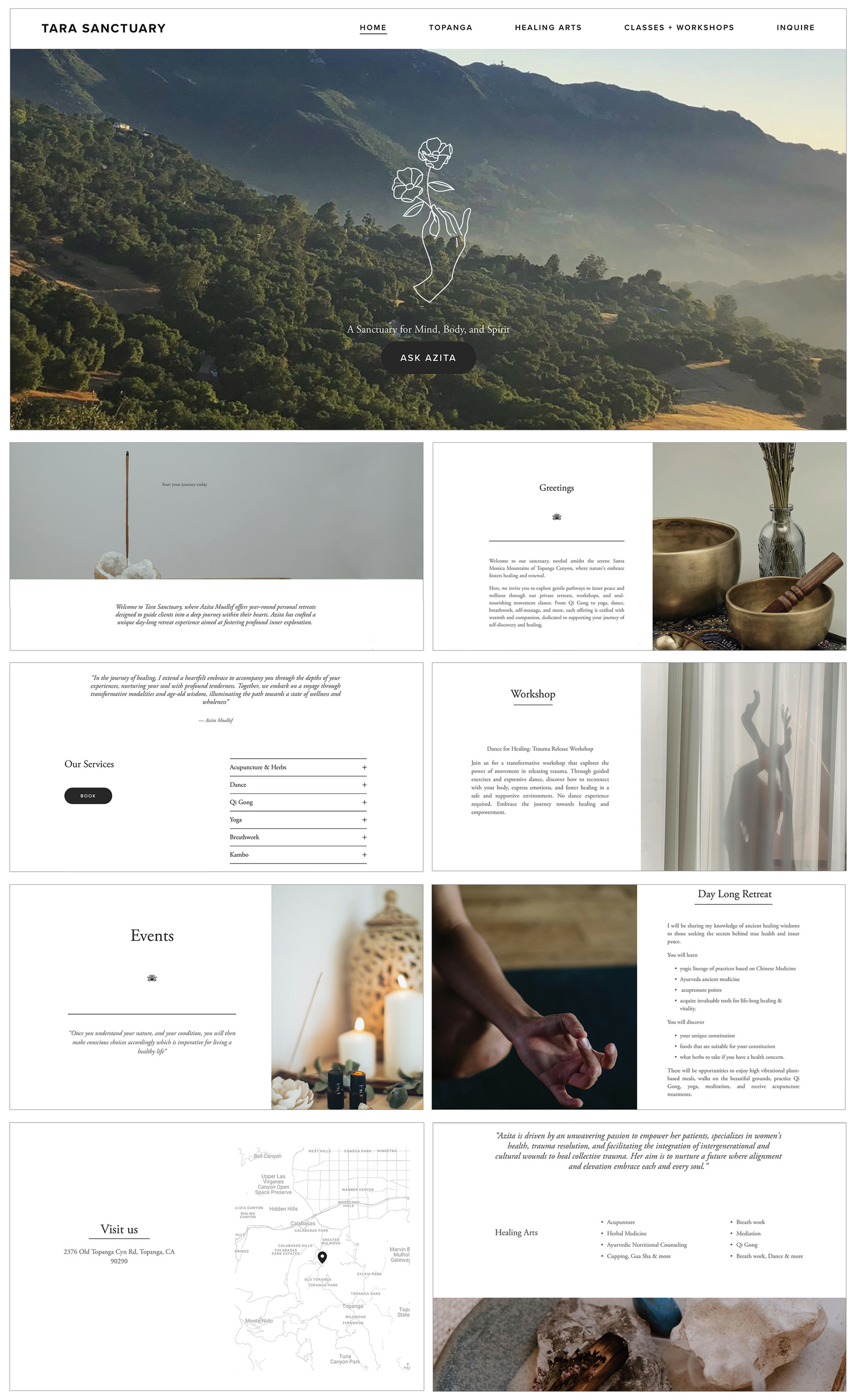 website design for tara sanctuary, images of mountain side of Topanga, meditation bowls, crystals, incense, woman behind a curtain, a hand holding meditation pose, candles and incense.