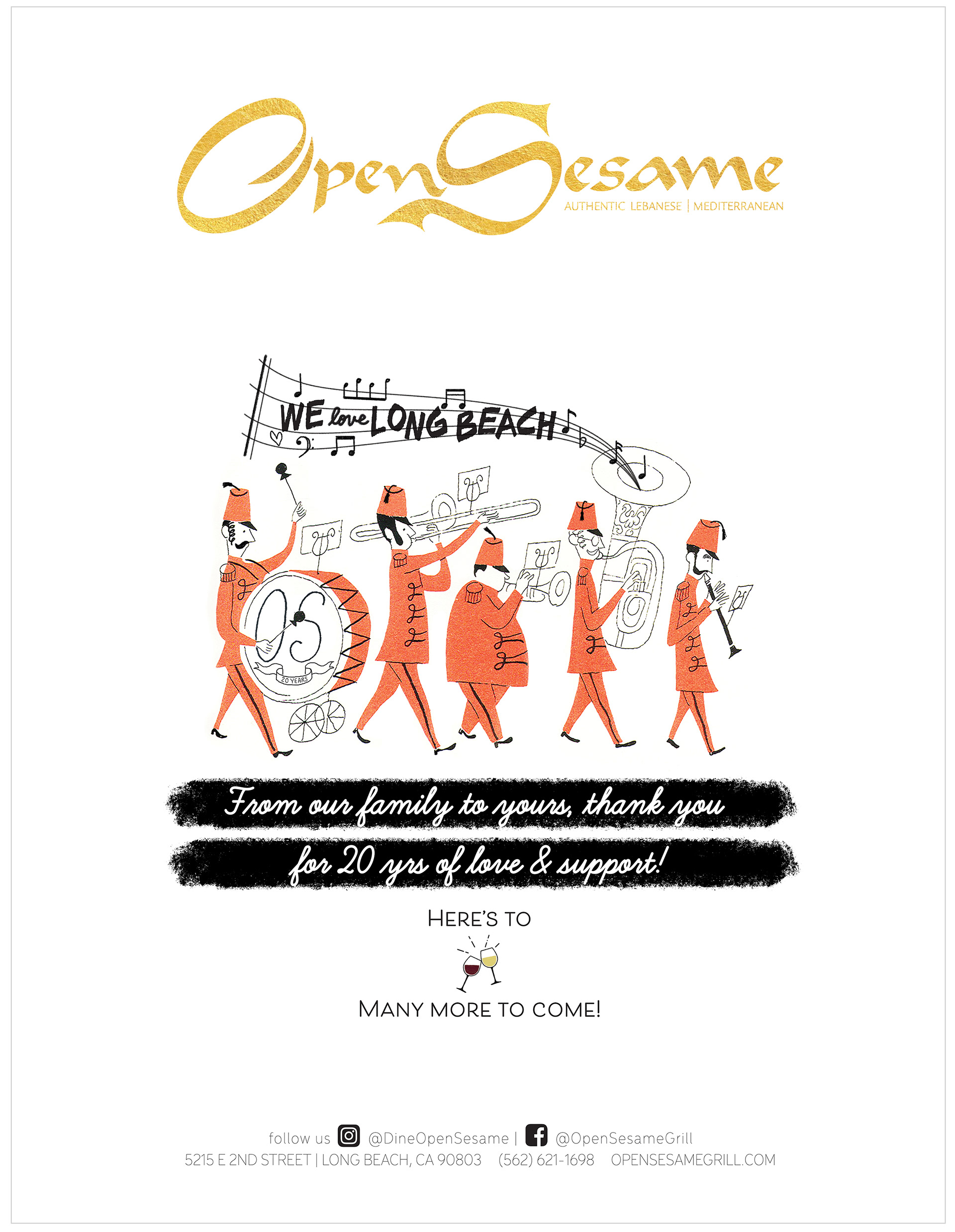 five marching band members playing different instruments. Musical notes. The ad includes we love Long Beach. 