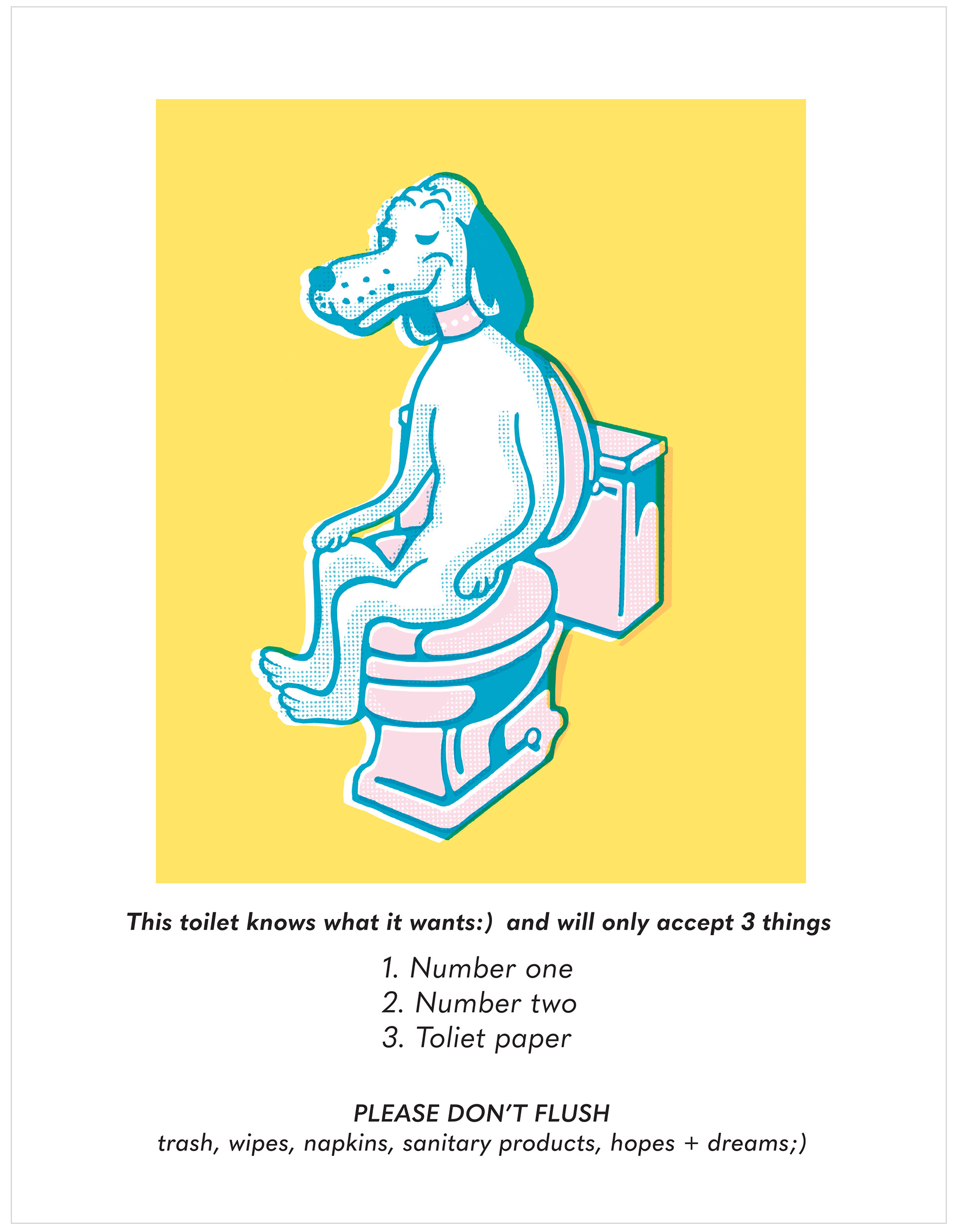 a illustration of a dog sitting on the toilet smiling.