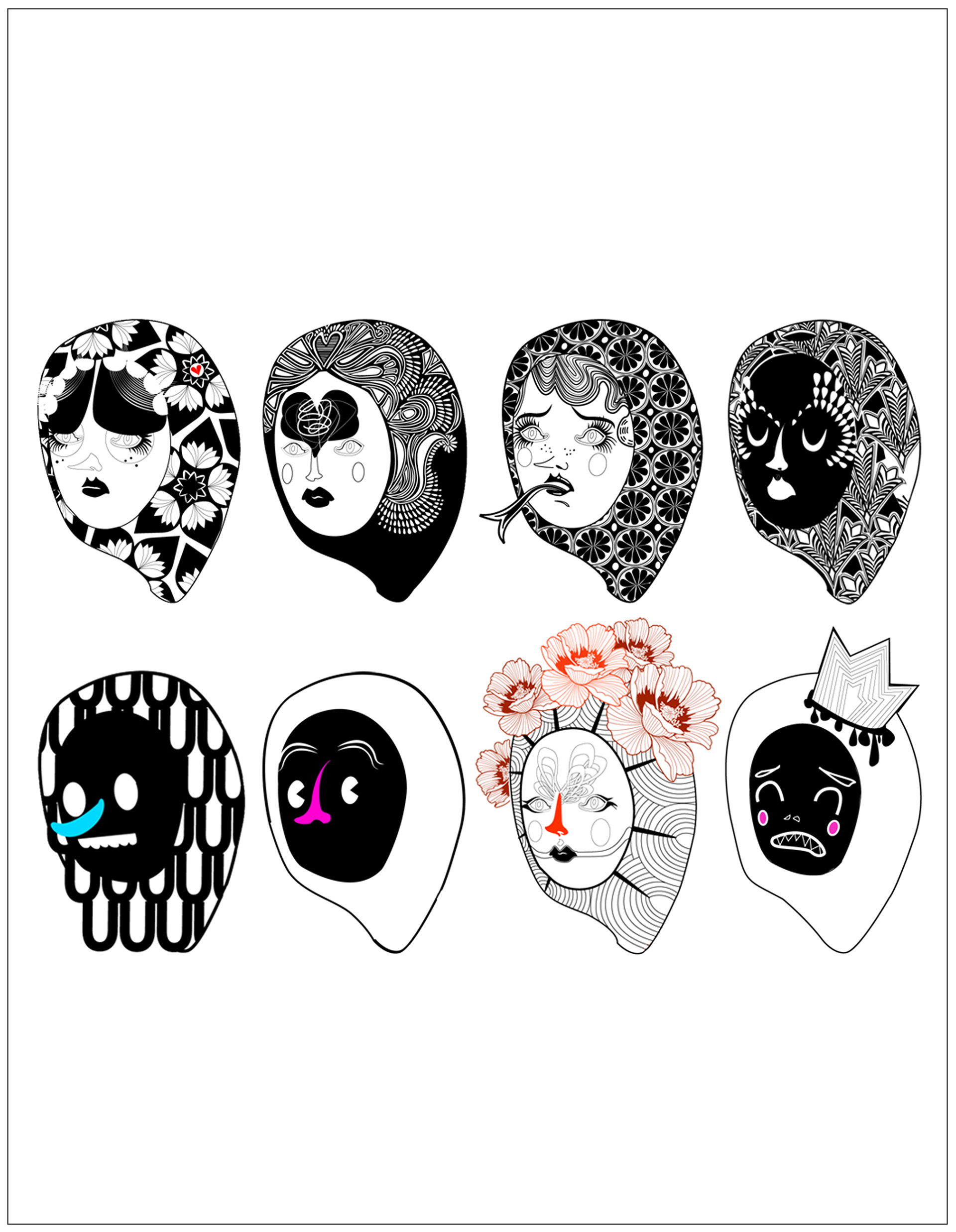 Image of 8 different illustration of faces stating different states of emotions.