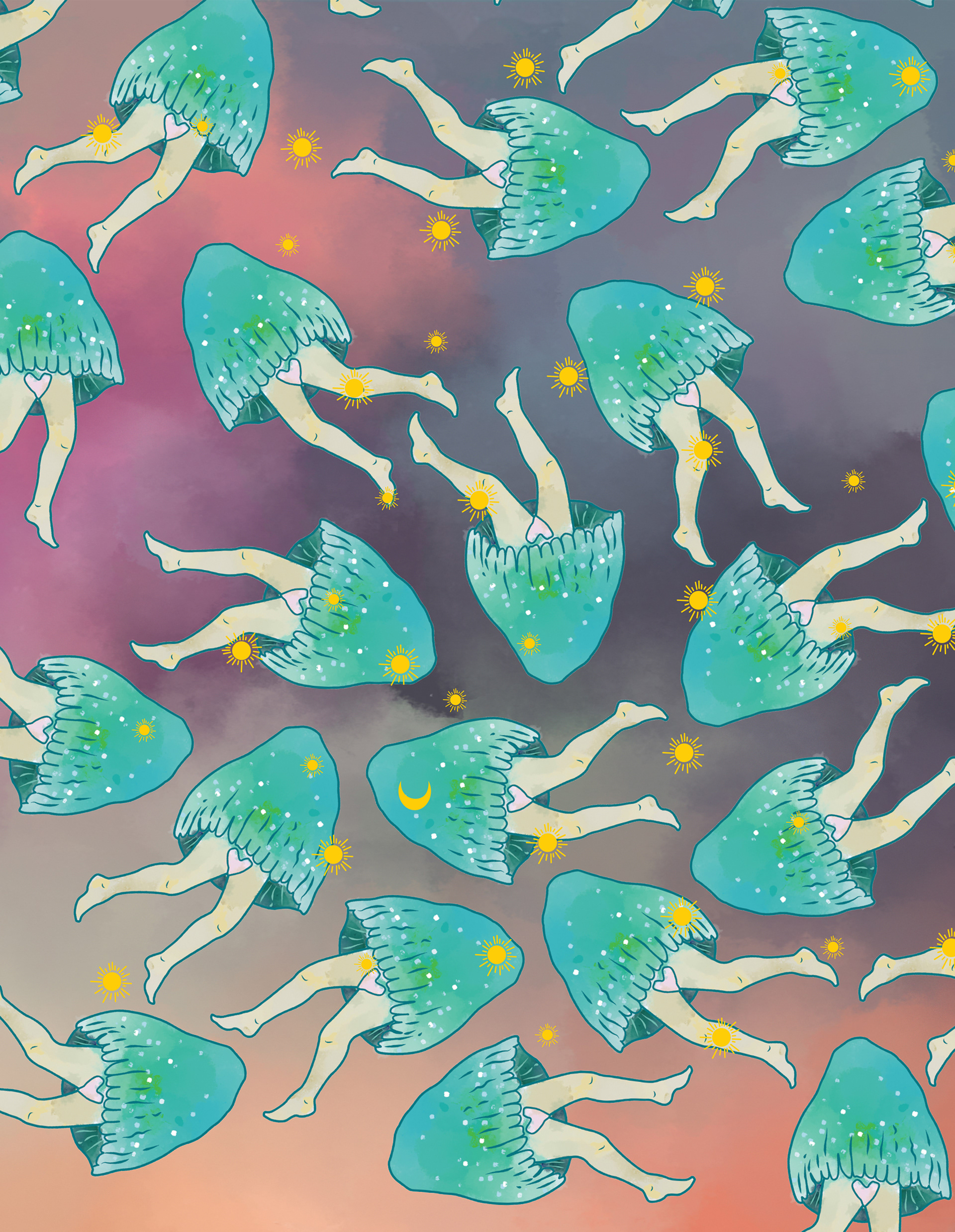 illustrations of dancing legs with starts and moon in front of a sunset.