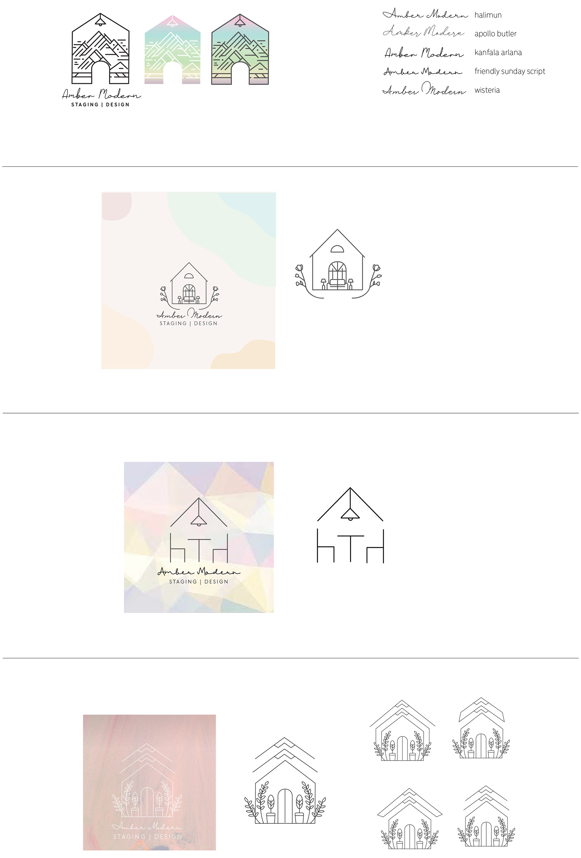 different variations of illustration of houses and interior design logos with pattern background. 