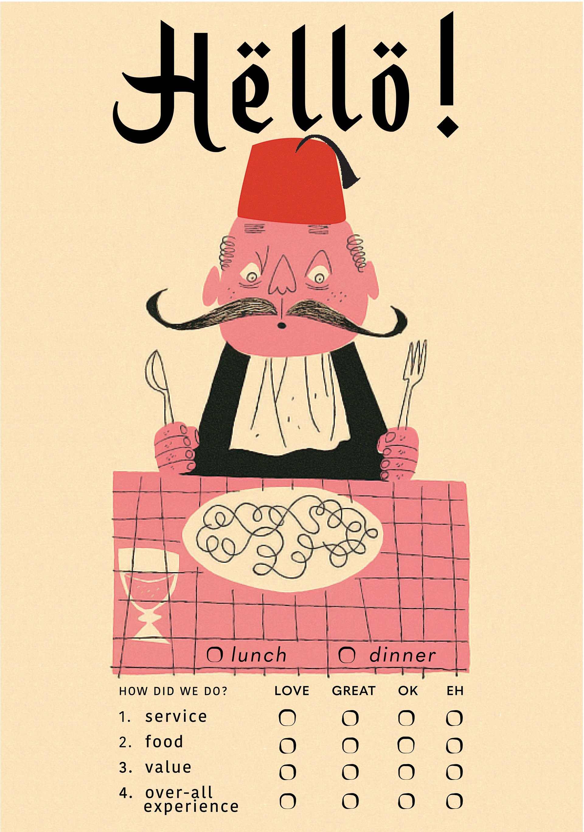 comment card with a man sitting eating a meal at a table.