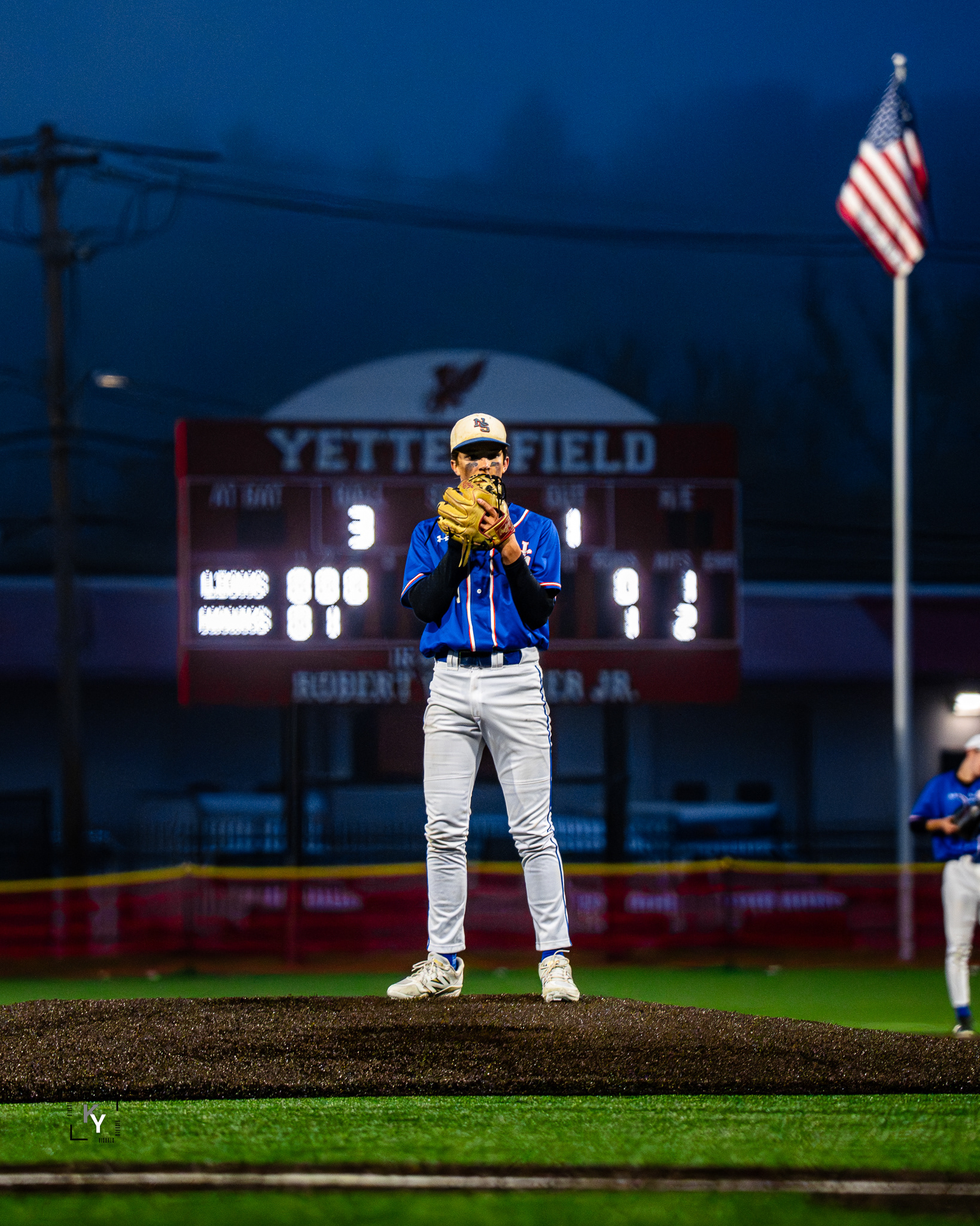 Newton South Dustin Whitaker stands on the mound awaiting the Catcher's signal. Shot on Sony a6700.  5/5/25