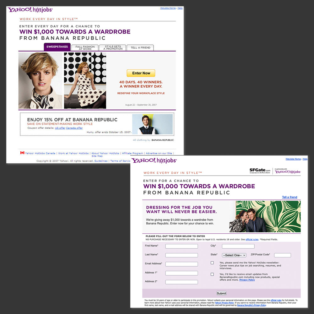 YAHOO! HOTJOBS (2007-08) – Promo microsite in which I acted as webmaster, administering design/production/coding edits and managing overall deployment