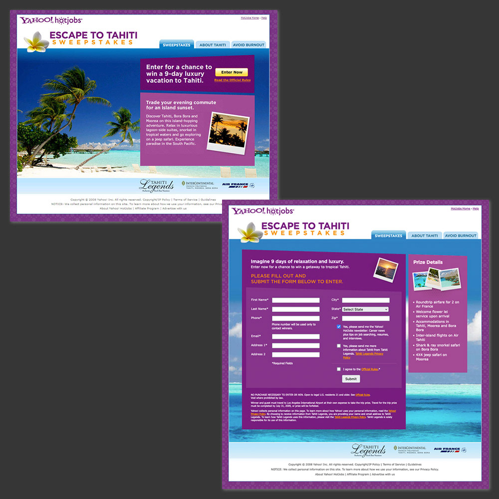 YAHOO! HOTJOBS (2007-08) – Promo microsite in which I acted as webmaster, administering design/production/coding edits and managing overall deployment