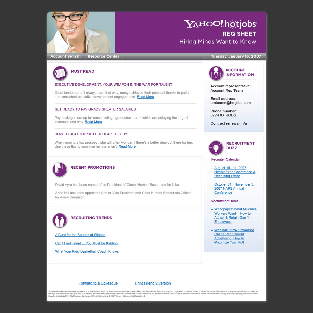 YAHOO! HOTJOBS (2007-08) – E-newsletter I produced/updated for the B2B target market