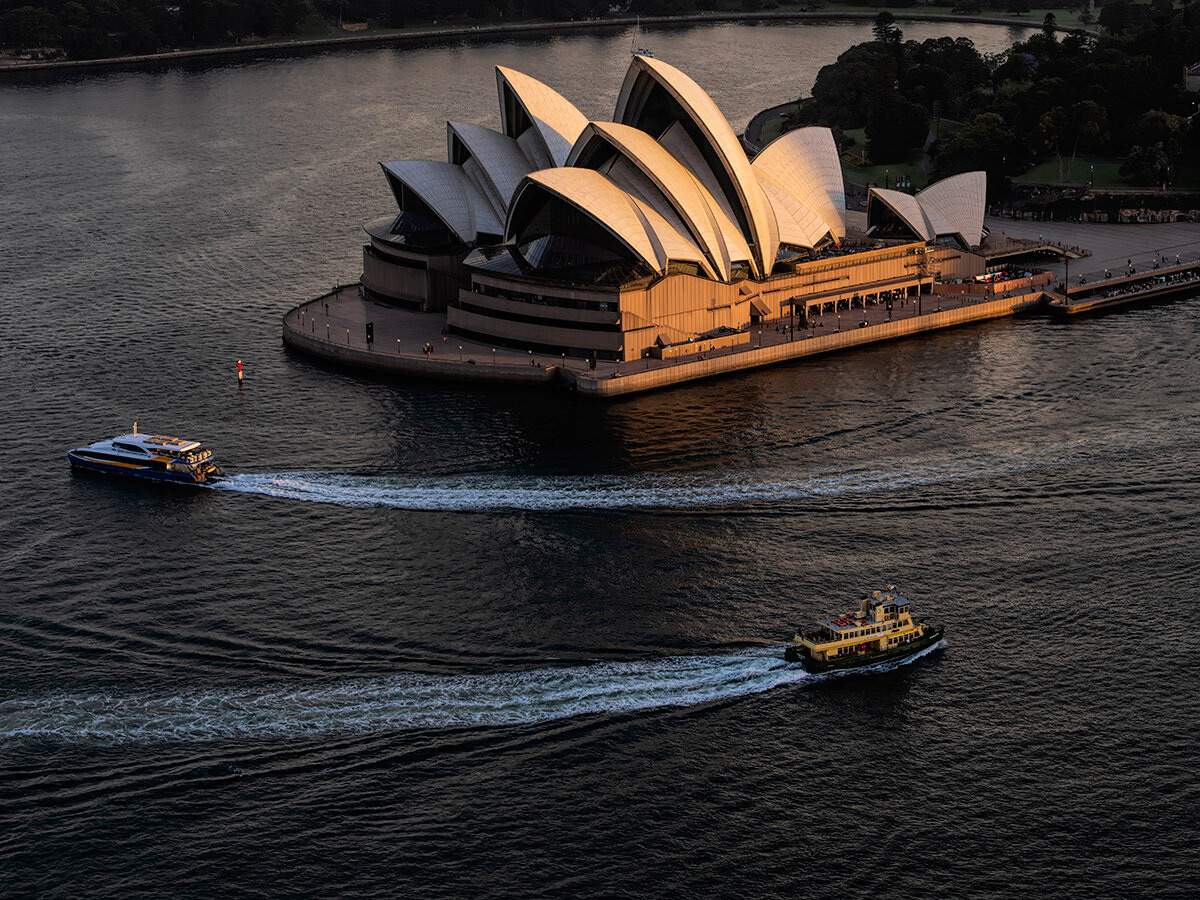 The Sydney Opera House at dusk from on top of the Sydney Harbour Bridge