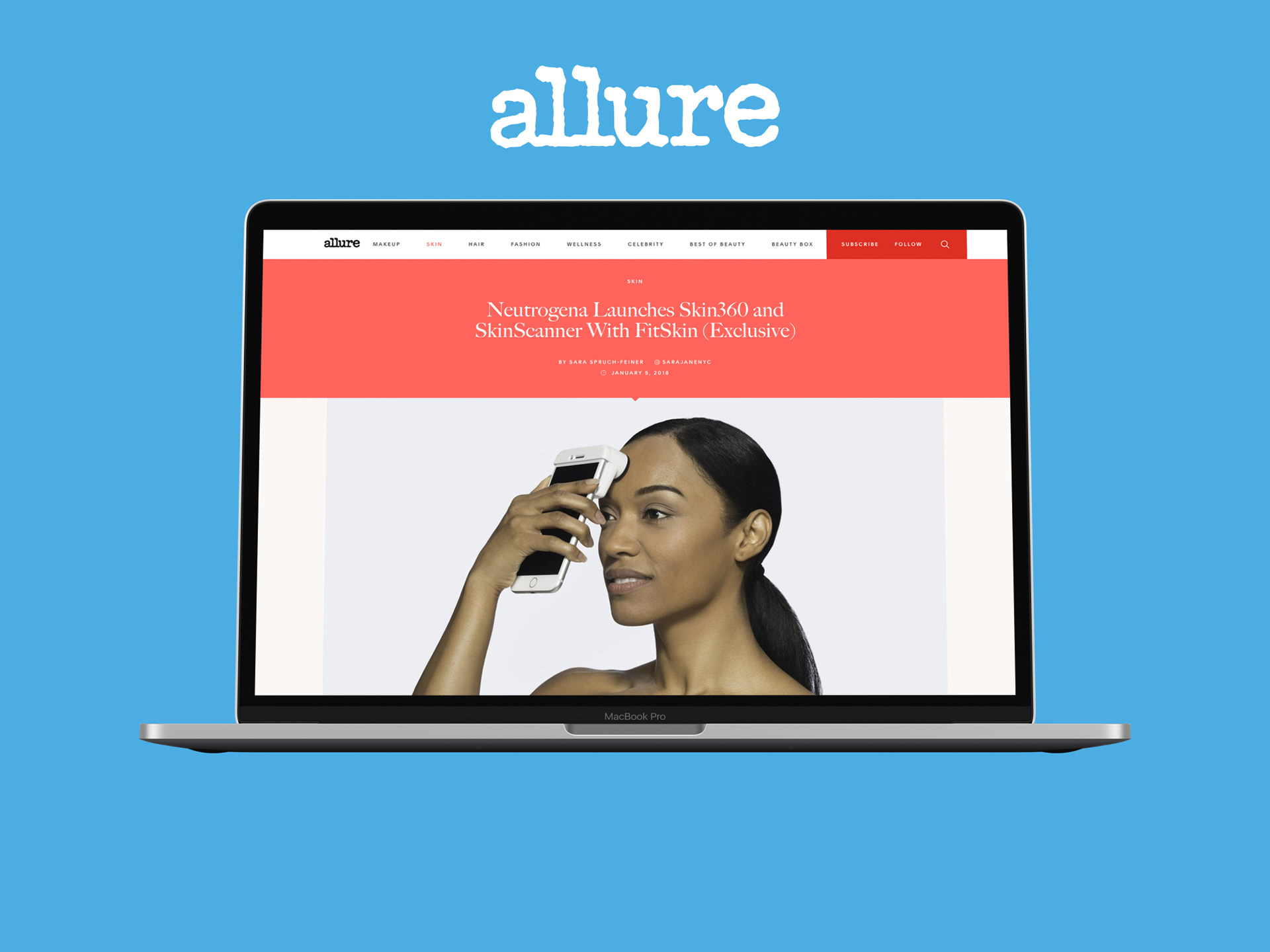 An image of a laptop showing a screenshot of an Allure online article about a skincare device.