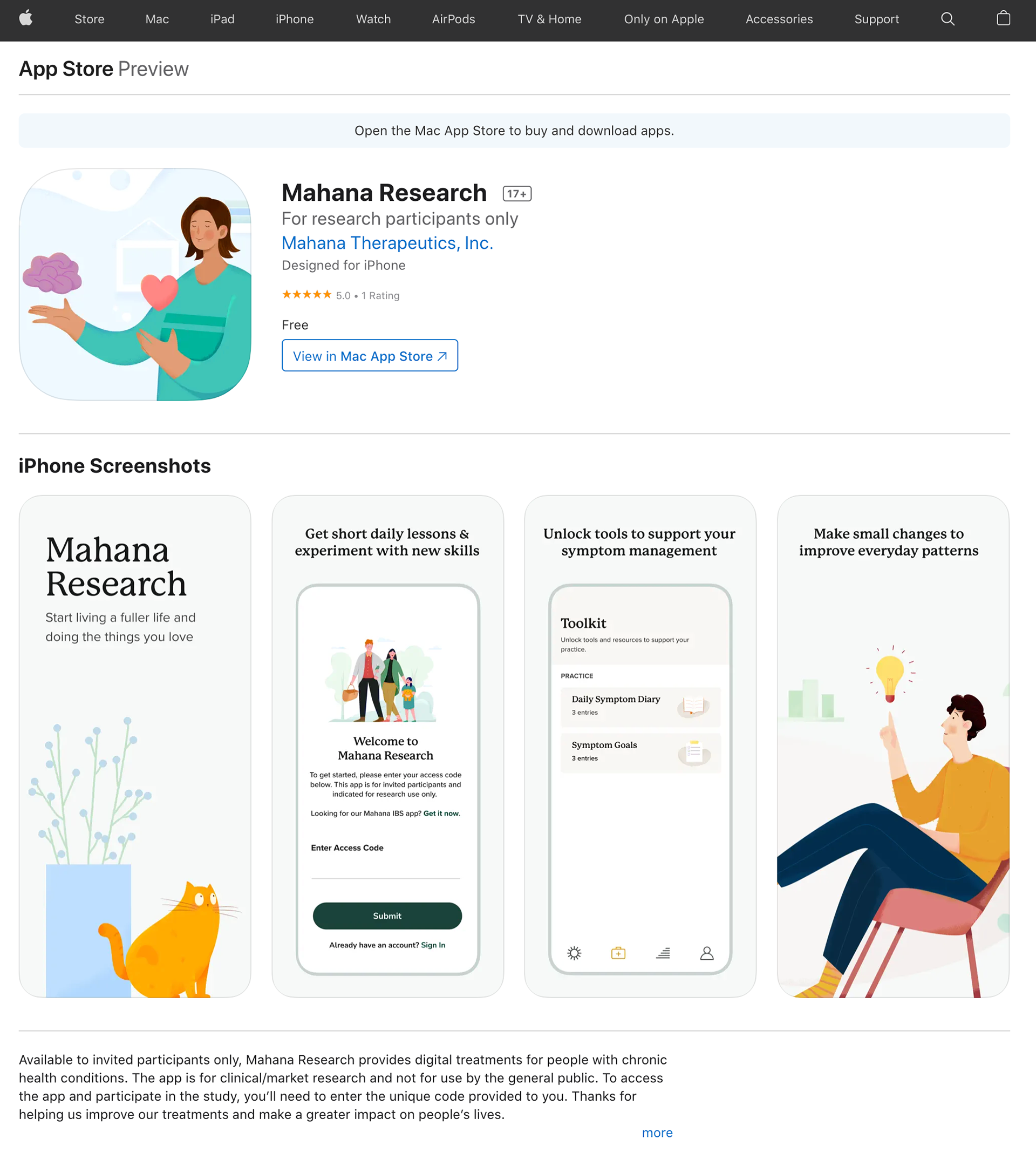 A screenshot of the Mahana Research product on the Apple App Store.