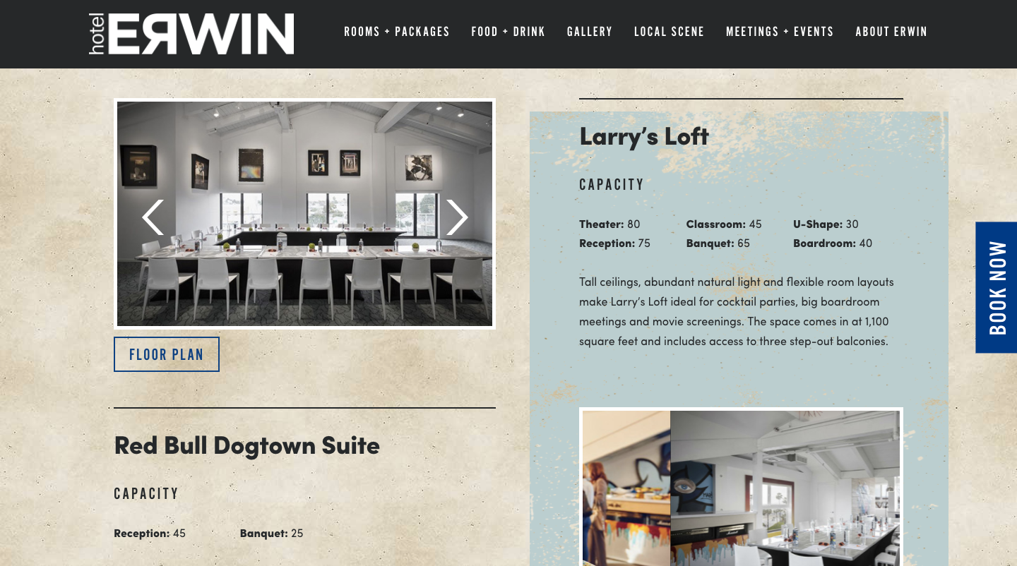 A screenshot of Hotel Erwin website page for Larry's Loft and Red Bull Dogtown Suite information.