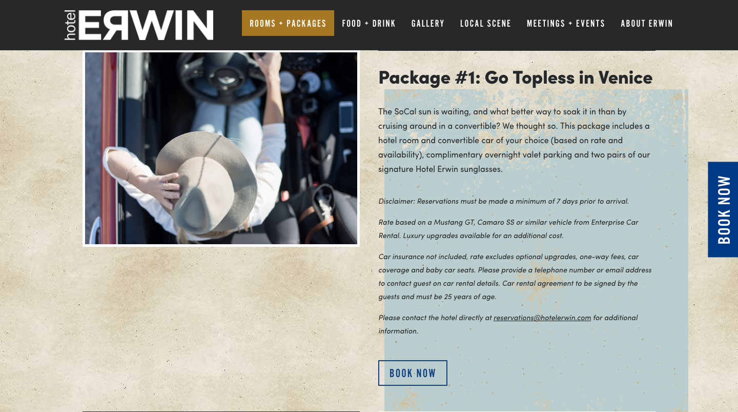 A screenshot of Hotel Erwin website page for their "go topless in Venice" package.