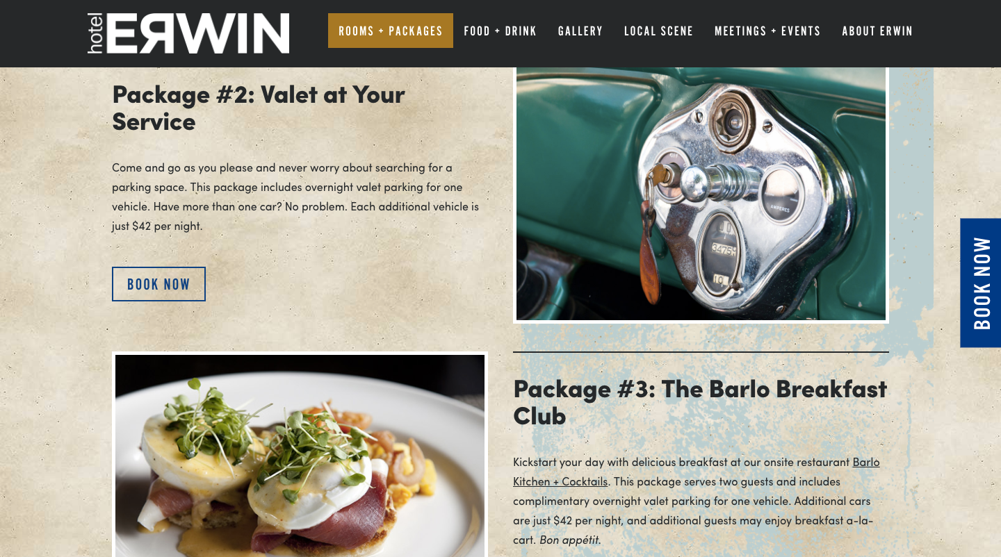 A screenshot of Hotel Erwin website page for their "valet" package.