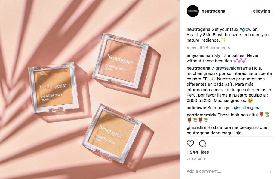 A screenshot of a Neutrogena Instagram post featuring bronzer cheek makeup.