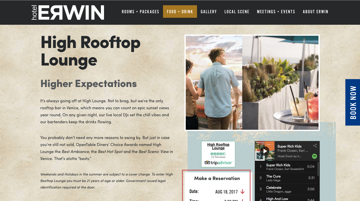 A screenshot of Hotel Erwin website page for their high rooftop lounge.