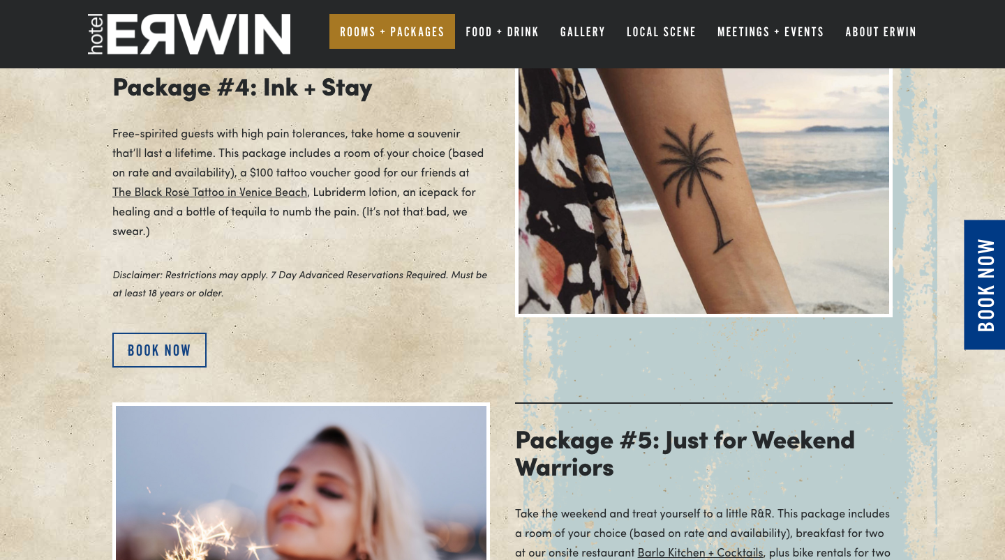A screenshot of Hotel Erwin website page for their "tattoo" package.
