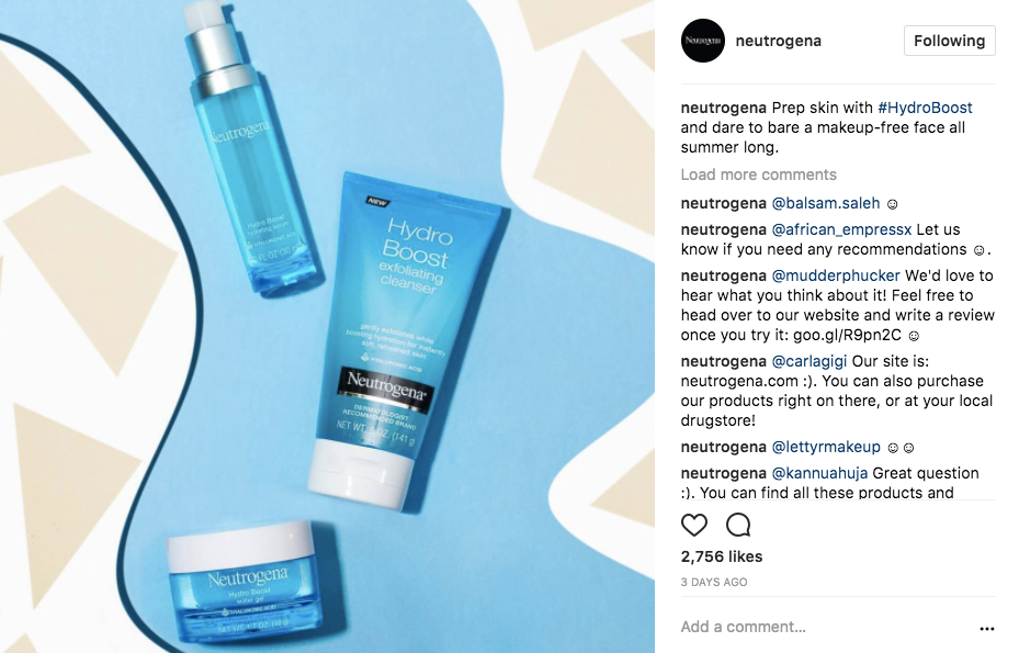 A screenshot of a Neutrogena Instagram post featuring hydroboost skincare.