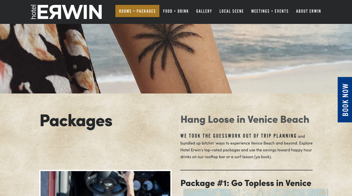 A screenshot of Hotel Erwin website page for their special rate packages.