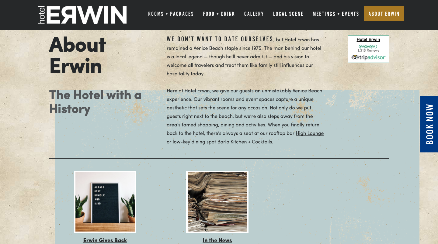 A screenshot of Hotel Erwin website page for their About Erwin information.