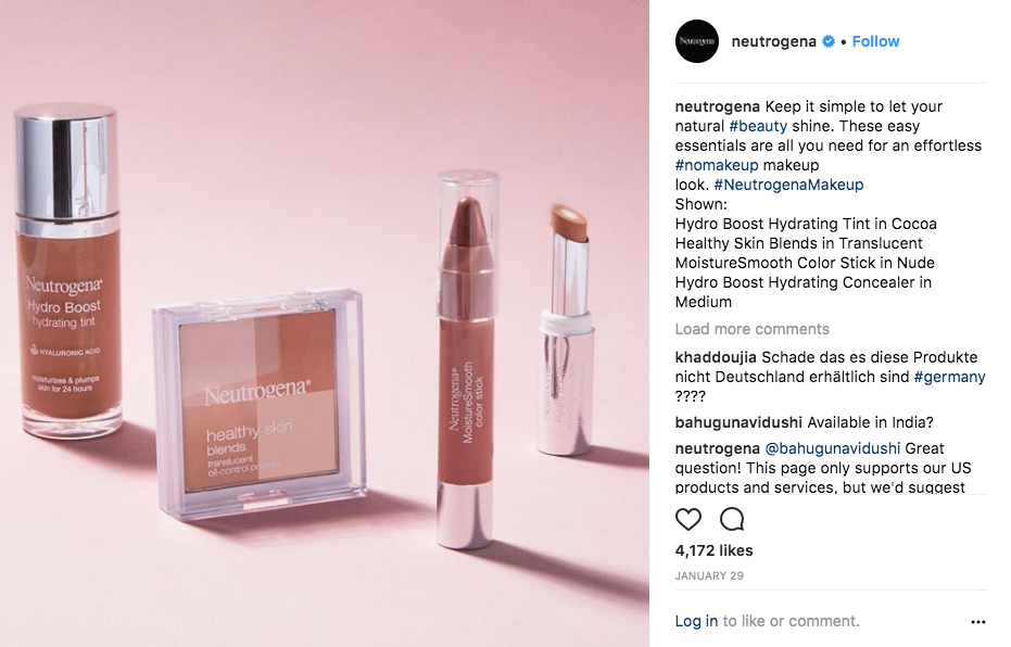 A screenshot of a Neutrogena Instagram post featuring foundation, blush and lip glosses.