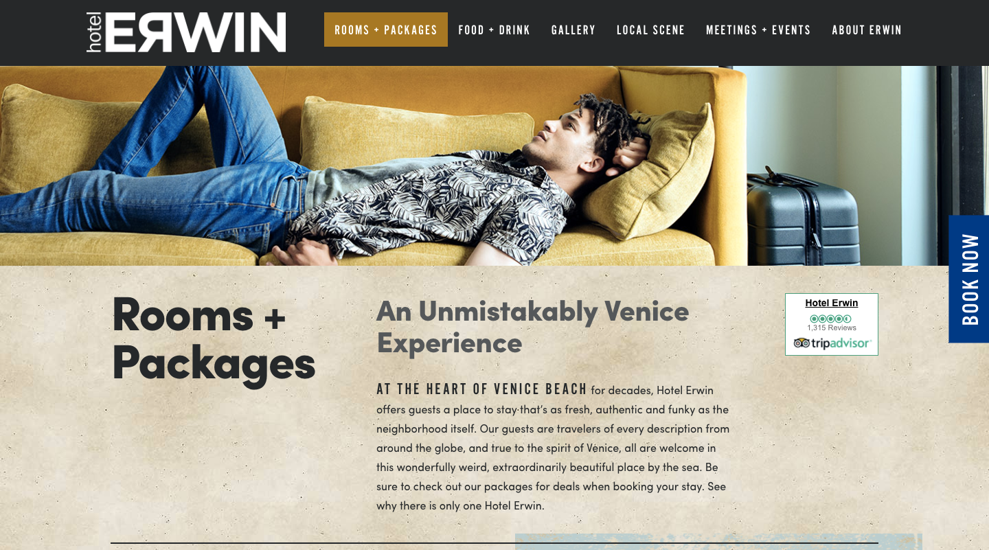 A screenshot of Hotel Erwin website page for their rooms and packages.