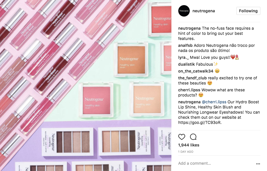 A screenshot of a Neutrogena Instagram post featuring lip glosses, blushes and eyeshadows.