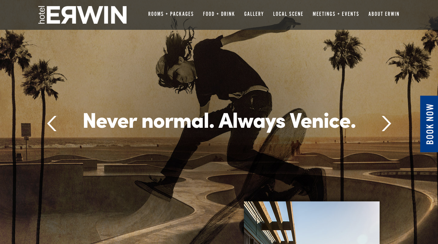 A screenshot of Hotel Erwin website and a skateboarder that says "Never normal. Always Venice."