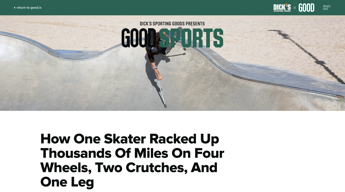 A screenshot of the website Good Sports featuring a skateboarder with spina bifida.