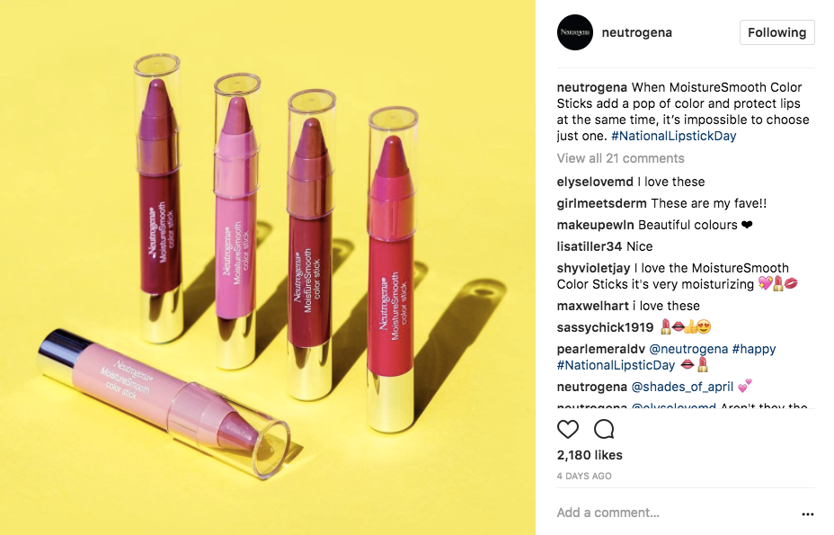 A screenshot of a Neutrogena Instagram post featuring lipsticks.
