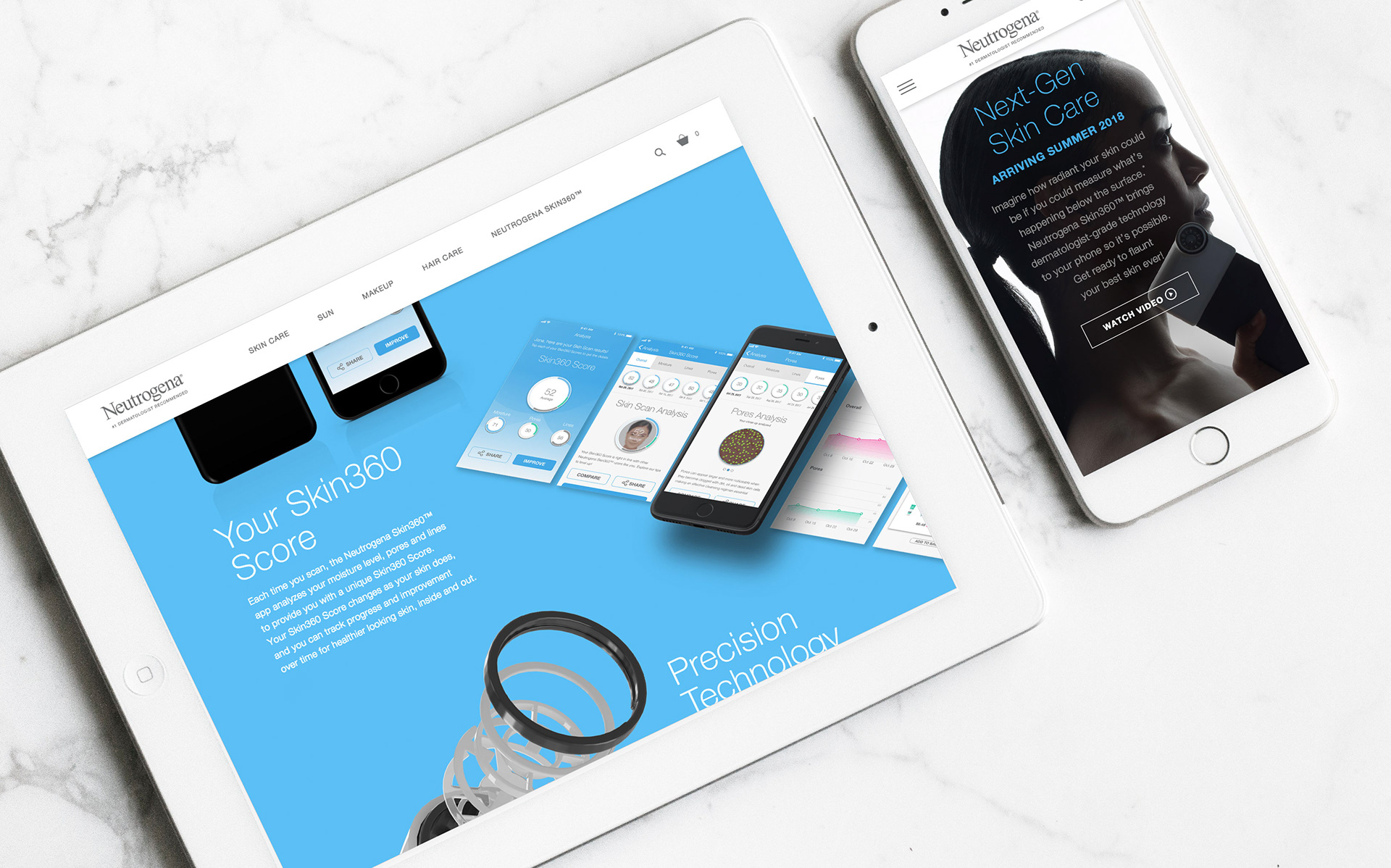 An image of an iPad and iPhone on a marble background. Each device features a screenshot of a skincare website.