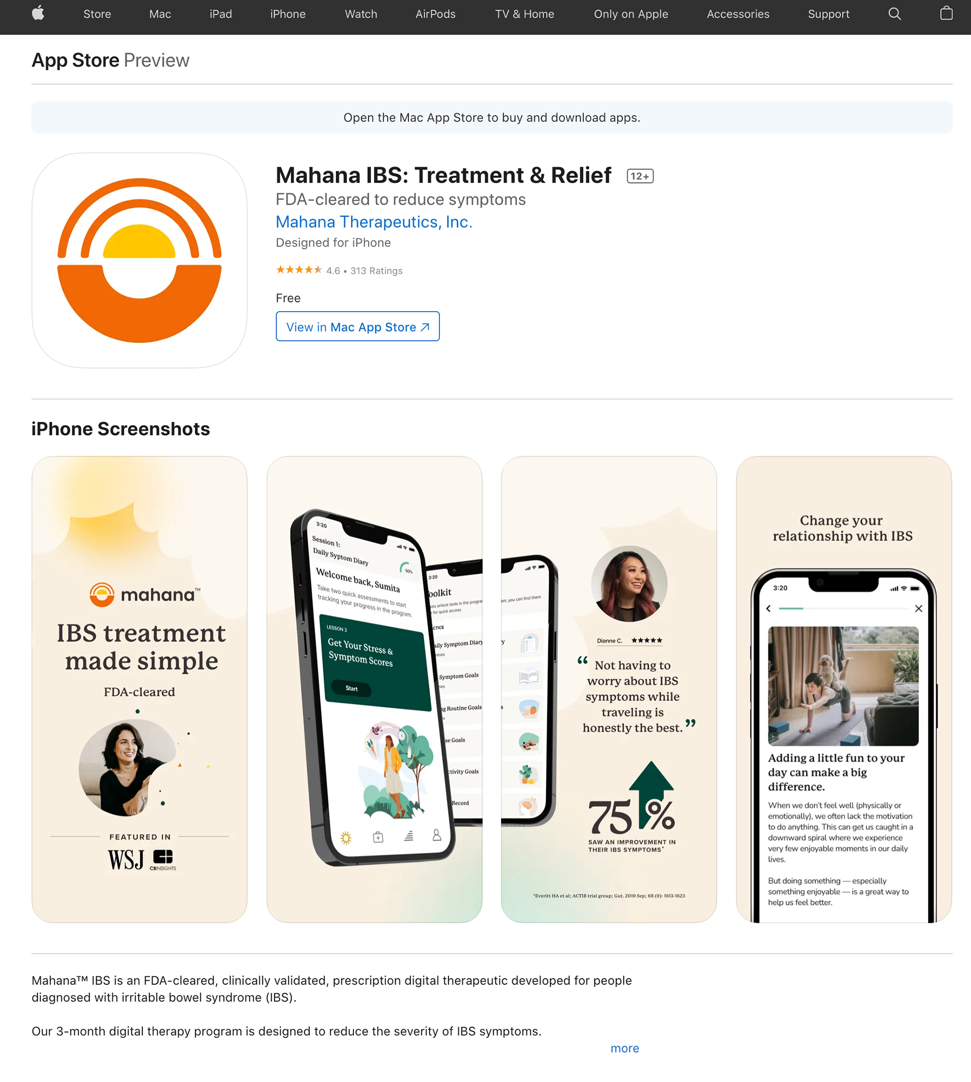 A screenshot of the Mahana IBS product page on the Apple App Store.