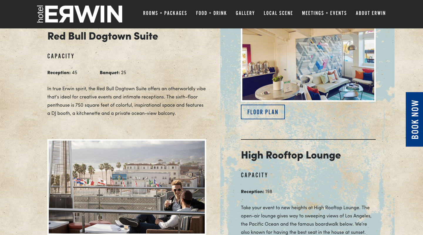 A screenshot of Hotel Erwin website page for their high rooftop lounge info.
