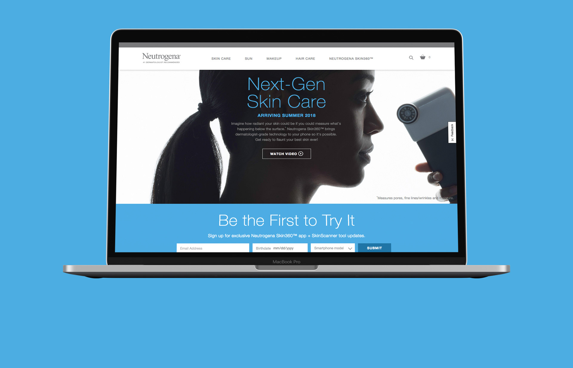 An image of a skincare website on a laptop against a blue background.
