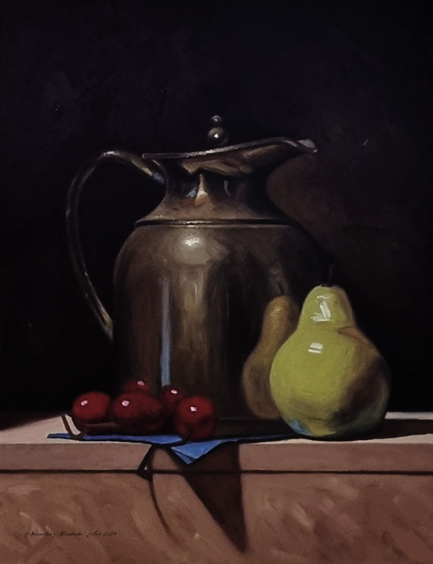 A masterclass in Still Life: This Chiaroscuro study captures the cool gleam of metal against the warm, organic textures of pears and cherries. A perfectly poised classical composition that balances strength and softness through dramatic light.