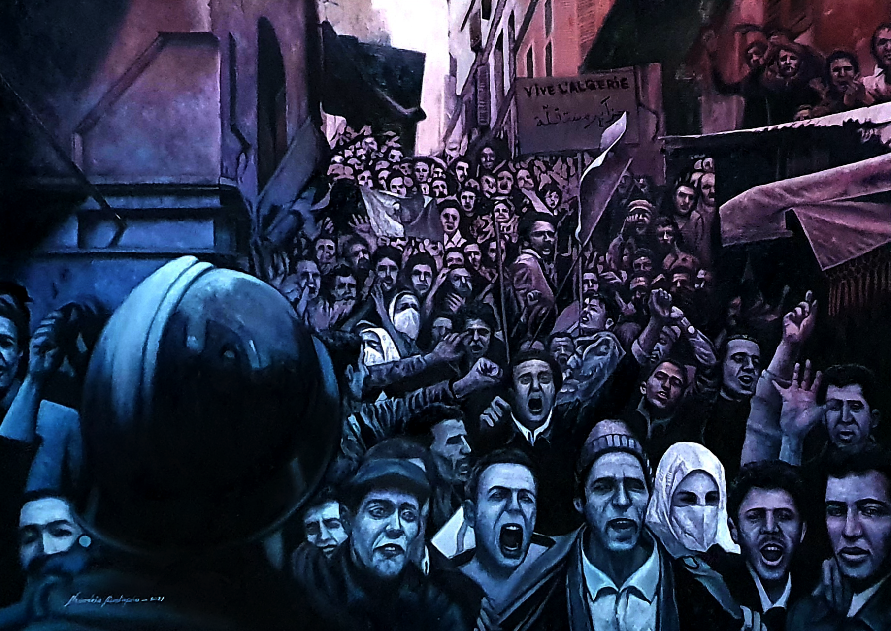 1960 Uprising: An epic work by Mustapha Nouadria. Through somber purples and dramatic blues, he captures the emotional unity of the Algerian crowds. A visual cry against oblivion, depicting unarmed resistance and the defiant spirit of independence.