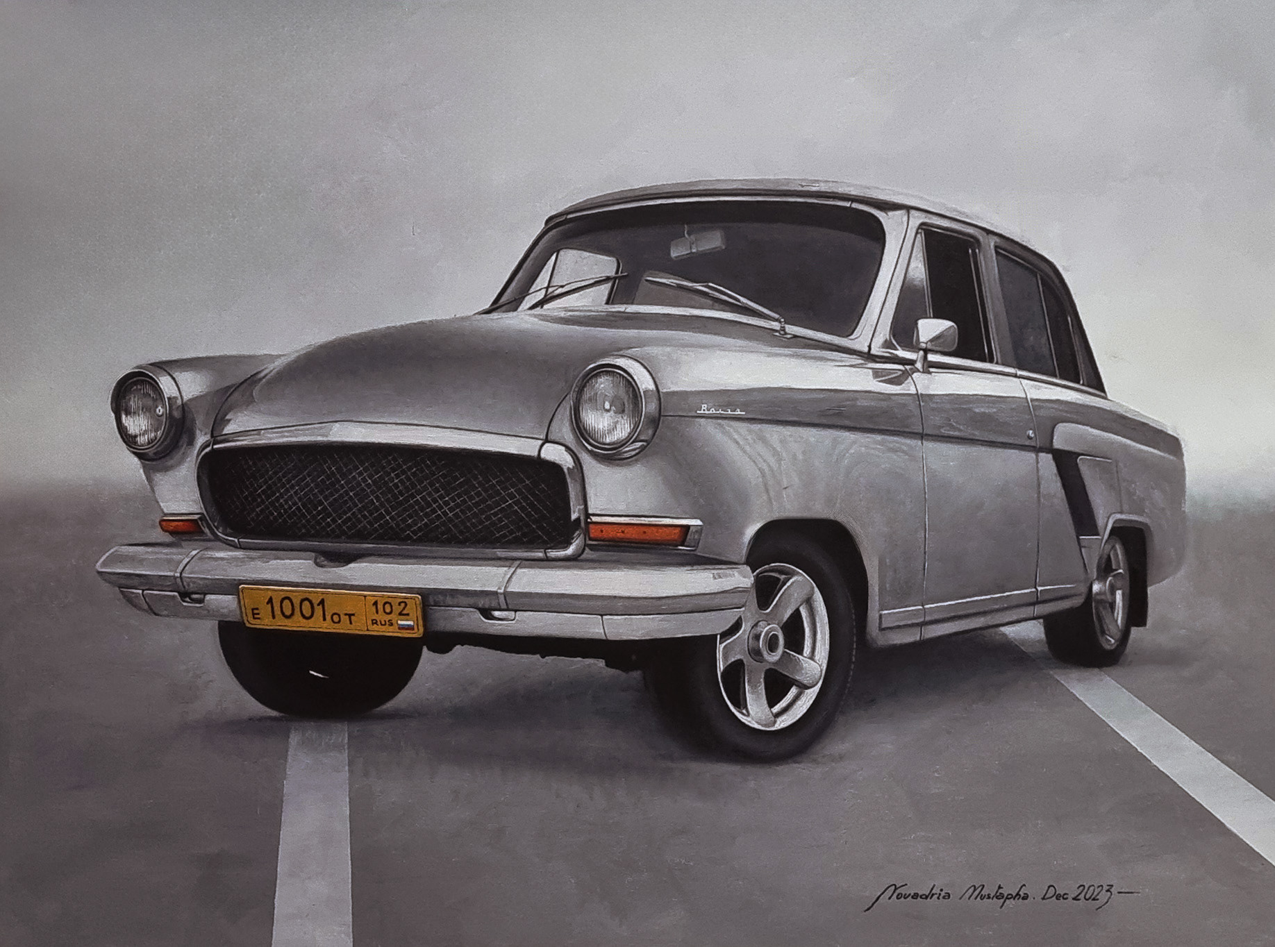 Volga GAZ-21 (1960): A technical simulation by Mustapha Nouadria. This oil work celebrates classic engineering, mastering chrome reflections and streamlined lines. Through precise shadows, he captures the metallic solidity and iconic 1960s design.