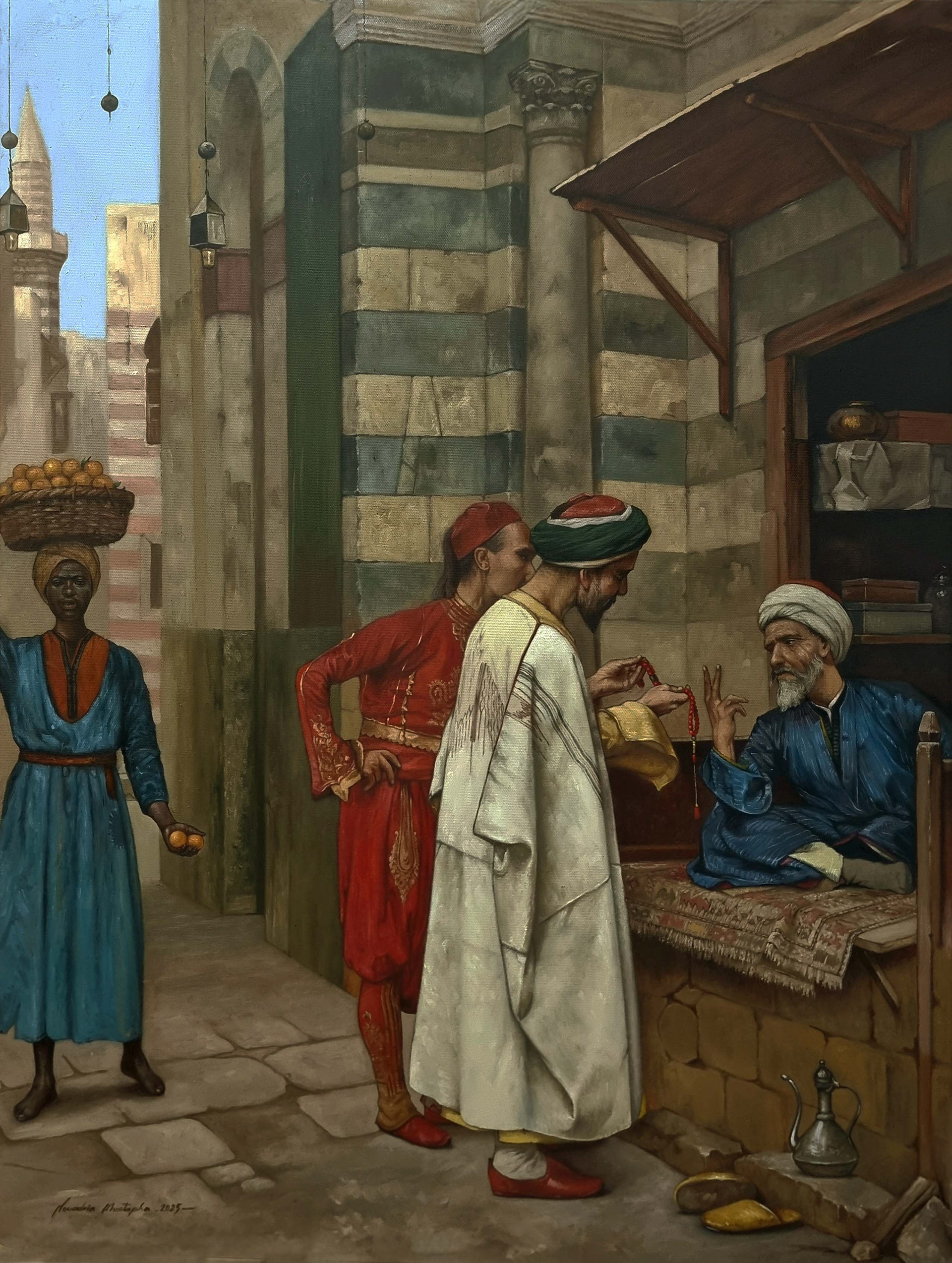 A reinterpretation of Arthur von Ferraris's classic. This oil work by Mustapha Nouadria captures the souk's social ritual, blending vibrant attire with architectural depth to revive Orientalist nostalgia with a modern spirit.