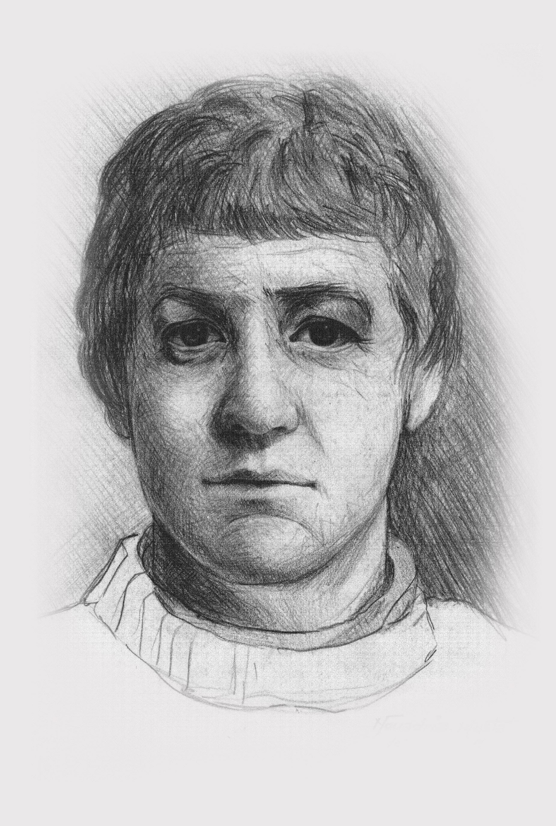 A pencil sketch of a person with short, textured hair and a serious expression, wearing a collared shirt. The artist's signature and date are visible in the bottom right corner.